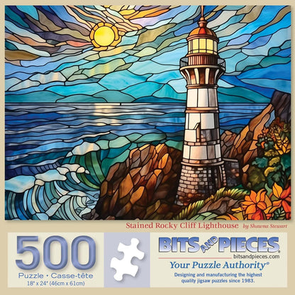 Bits and Pieces 500 Piece Puzzles for Adults Stained Rocky Cliff Lighthouse Large 18" x 24" Jigsaw Puzzles 500 Pieces Stained Glass Lighthouse