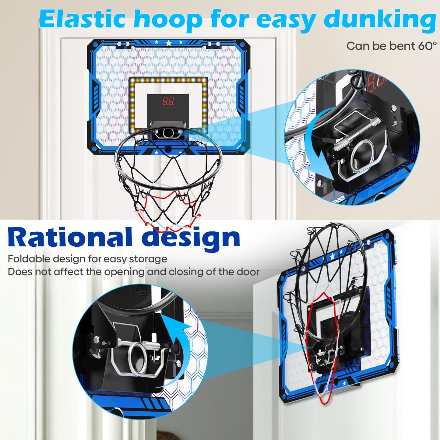 Indoor Basketball Hoop for Kids, Over the Door Mini Basketball Hoop Set with LED Lights, Scoreboard, 4 Balls & Sound Effects - Indoor Toys Gift