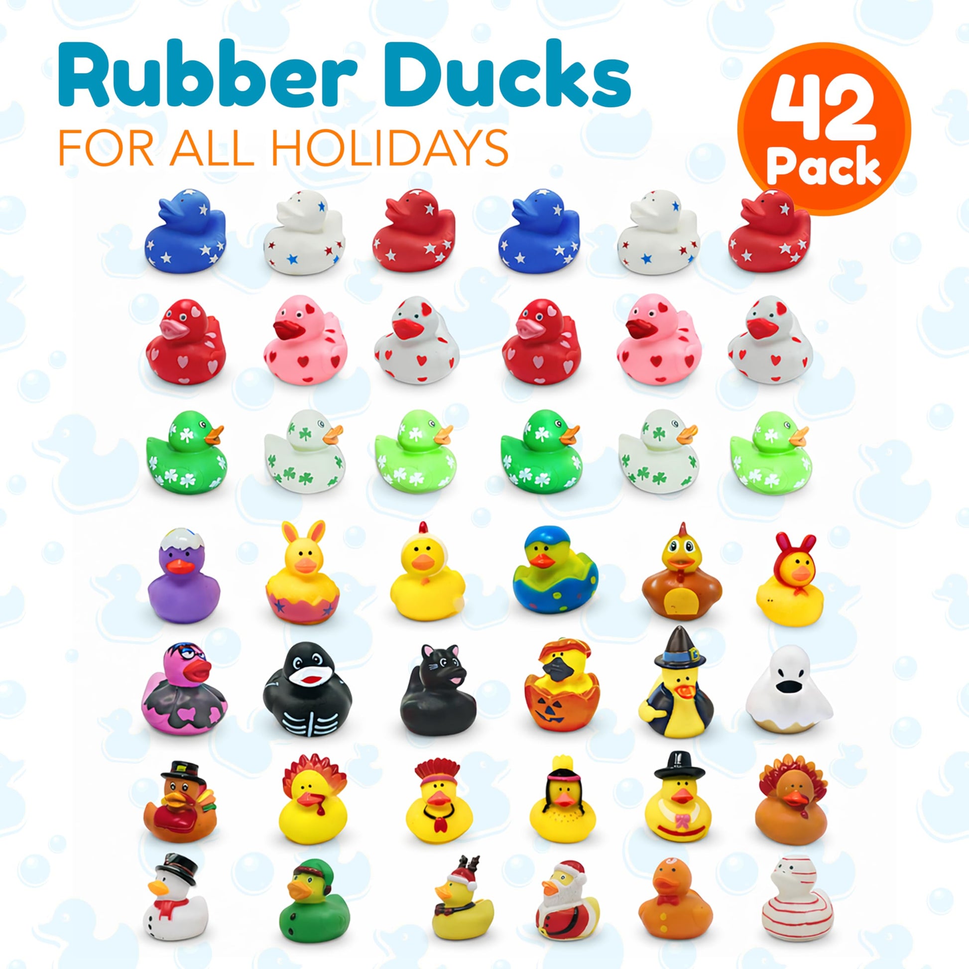 4E's Novelty Rubber Ducks for All Holidays, Bulk Pack of 42 - Includes 6 of Each Holiday, Patriotic July 4 Ducks, Halloween Ducks, Bath Toys for Kids