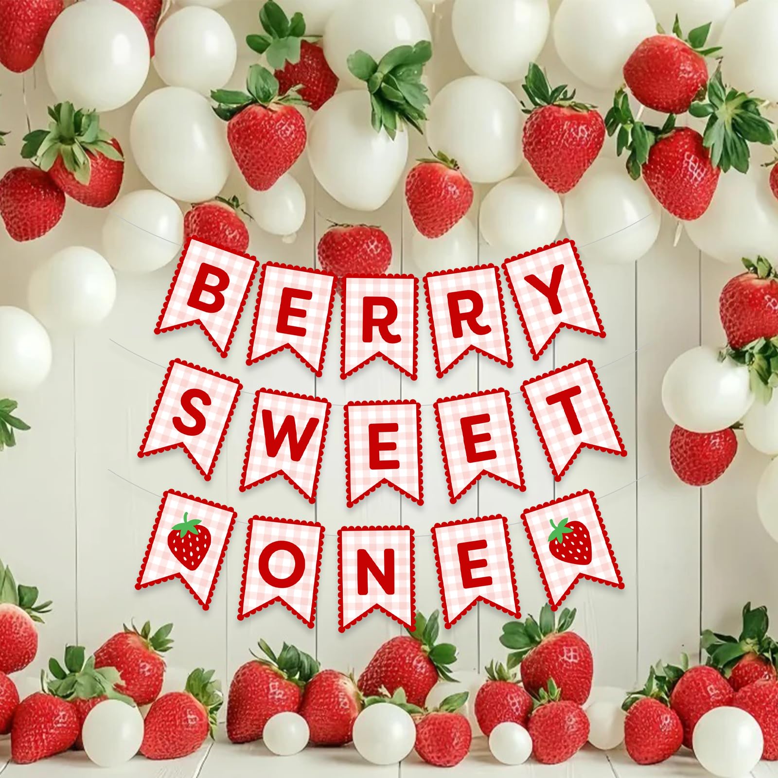 Berry Sweet One Birthday Banner Girl 1st Strawberry Party Decoration Red Pink Gingham Hanging Supplies
