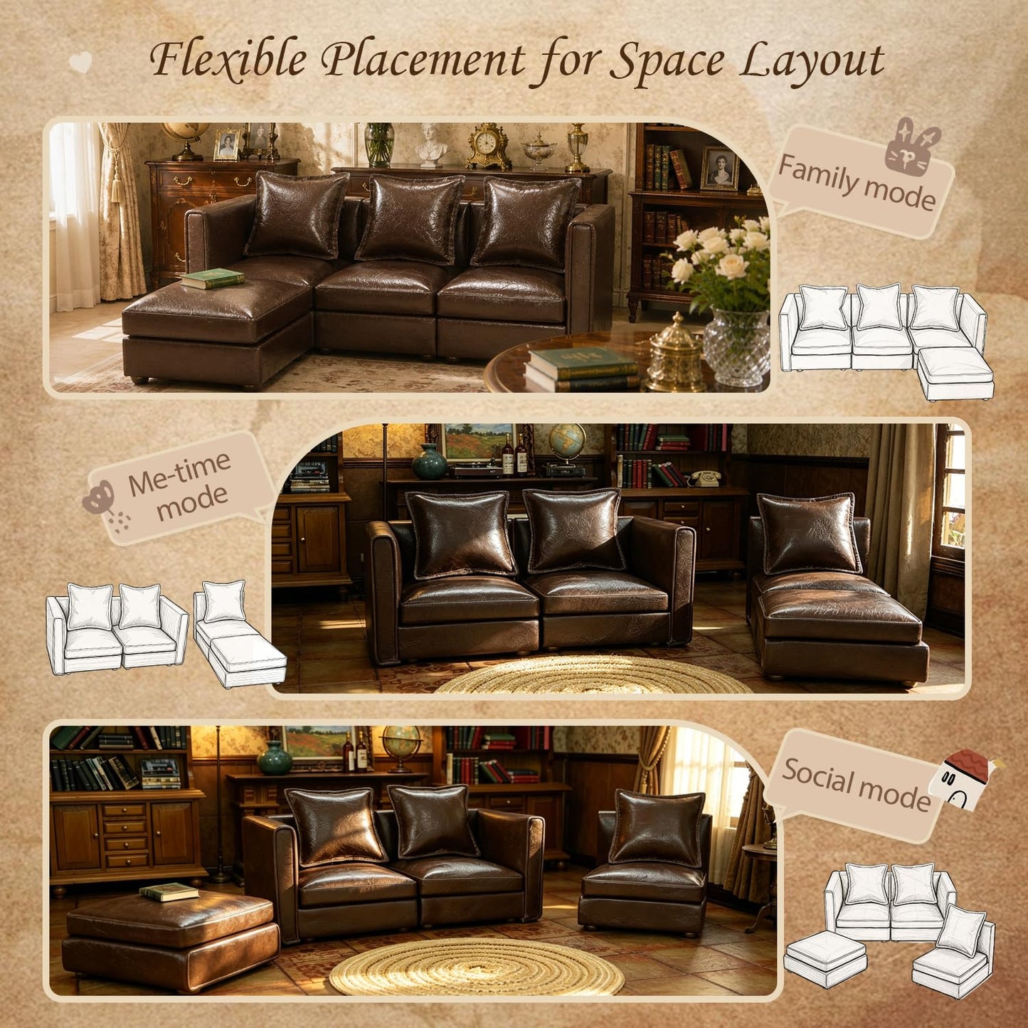 iLAND Dollhouse Furniture Sectional Dollhouse Couch Set Brown Faux Leather Sofa, Miniature Chair Doll House Furniture, Chic 1/12 Scale Miniature