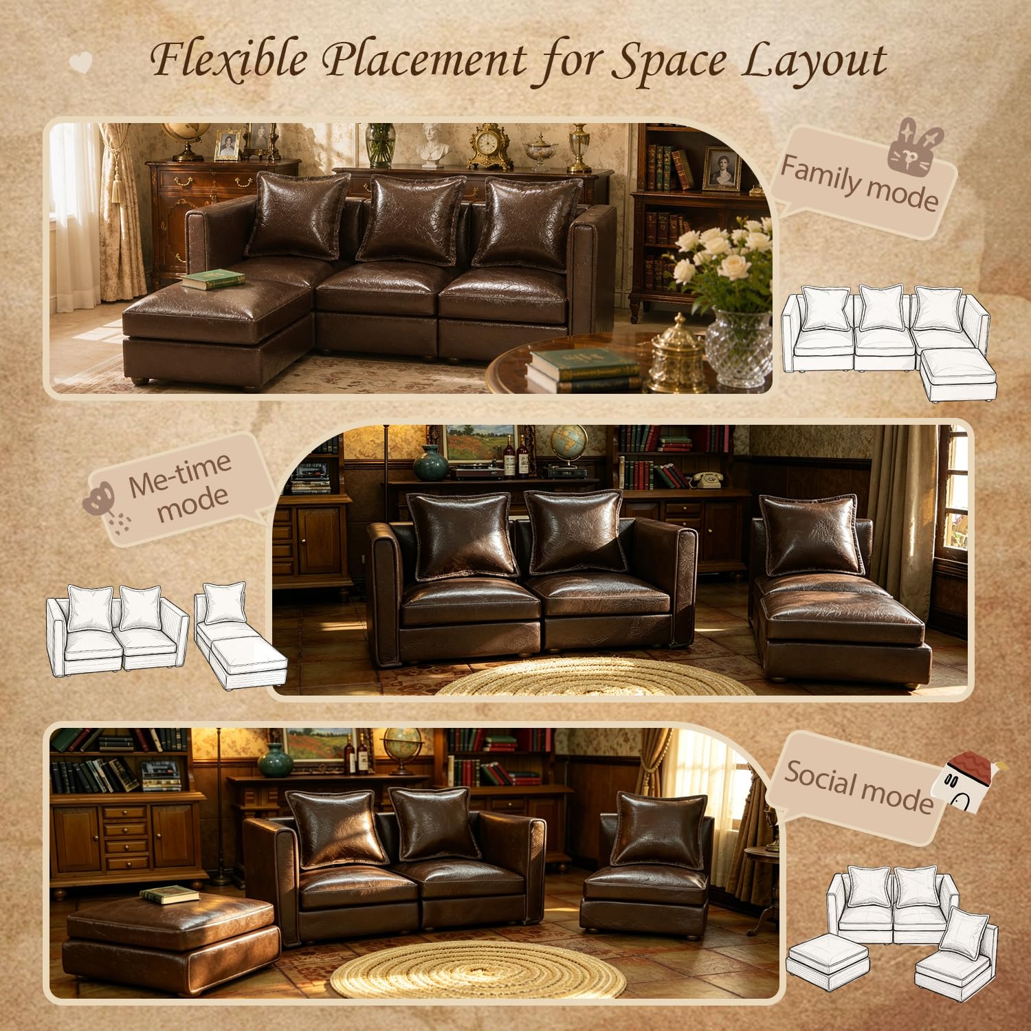 iLAND Dollhouse Furniture Sectional Dollhouse Couch Set Brown Faux Leather Sofa, Miniature Chair Doll House Furniture, Chic 1/12 Scale Miniature