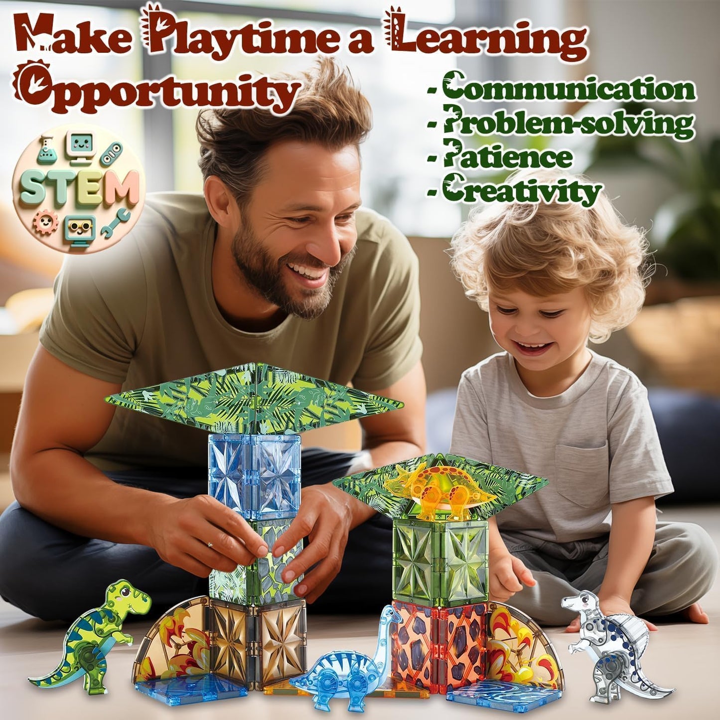 Magnetic Tiles Dinosaur Toys for Kids 3-7 Magnet Building Blocks Toddler Dino Toys - Educational STEM Toys 3 Year Old Boy Gift Learning Resources