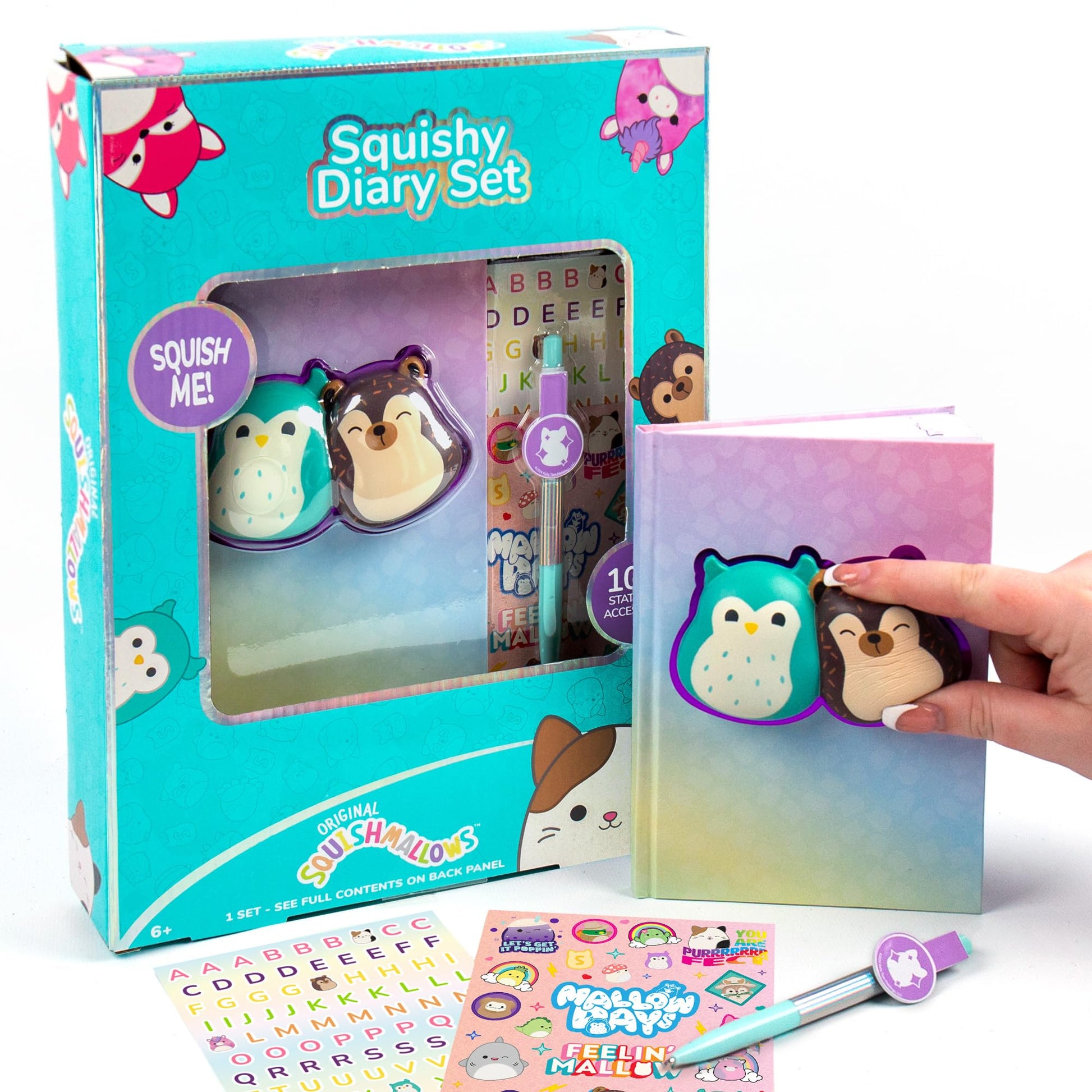 Squishmallows Original Squishy Diary Set, Includes 5 x 7 Diary, 60 Sheets, Kawaii Stickers, Pen, Fun Journaling Kit & Sketchbook for Kids, School