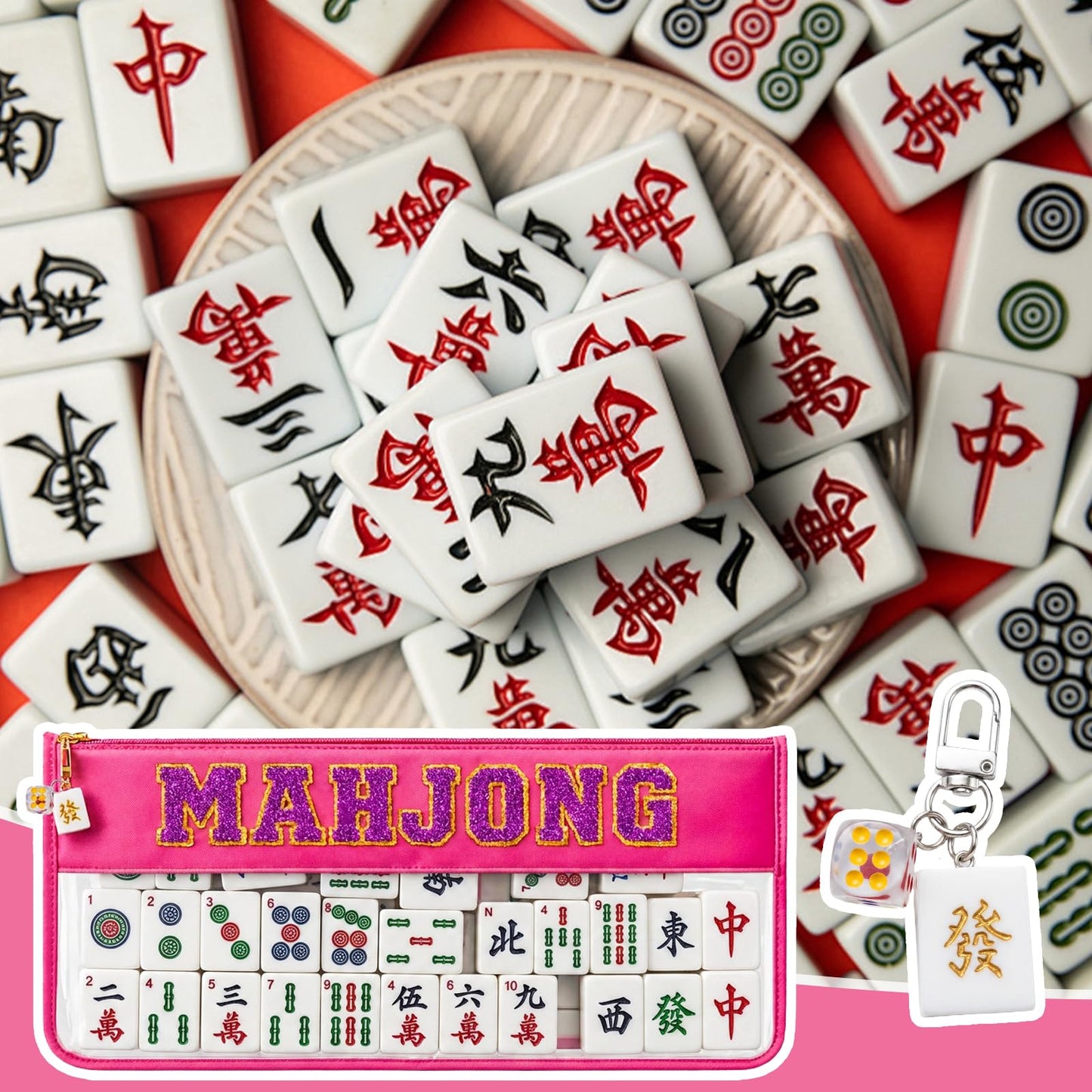 FUYAHA Clear American Mahjong Tile Bag with Keychain, Waterproof Portable Mahjong Storage Bag with Zipper & Glitter Letters, Mahjong Organizer Travel