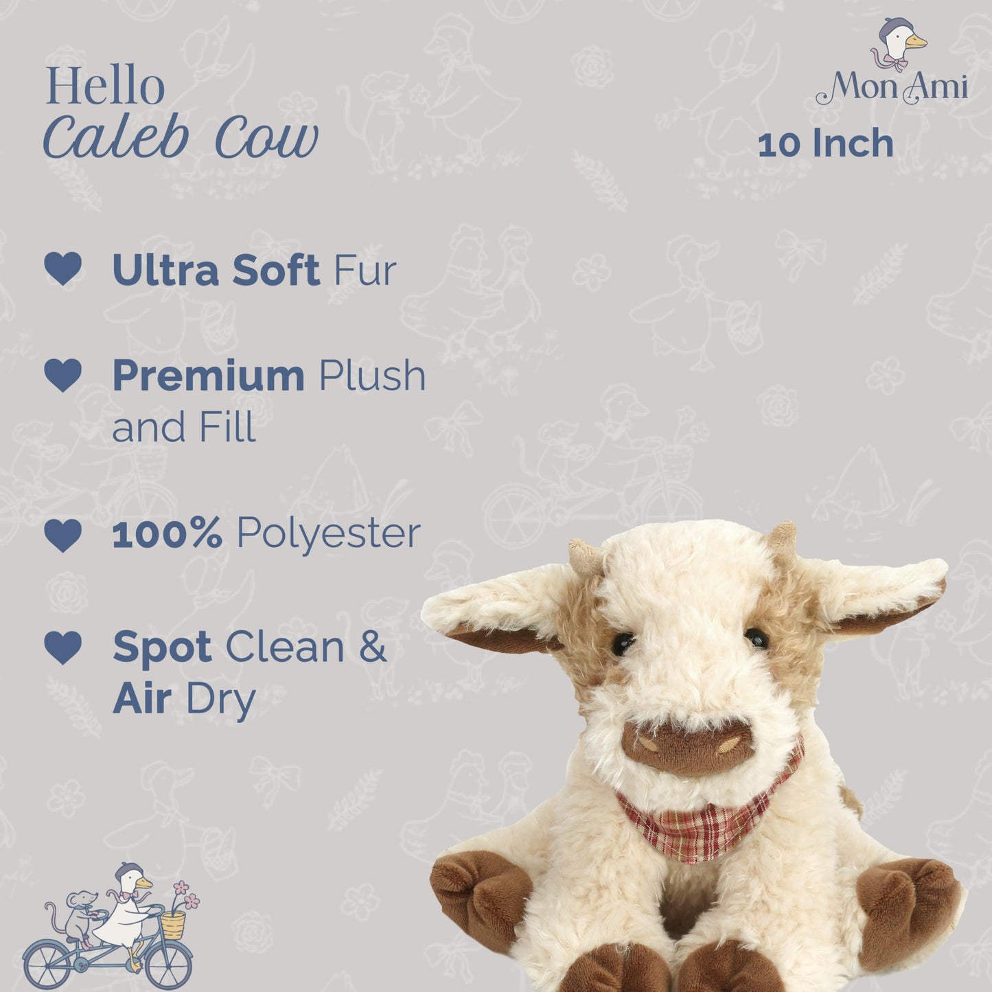 MON AMI Caleb The Cow 10-Inch Stuffed Farm Animal, Soft Cow Plush Toy