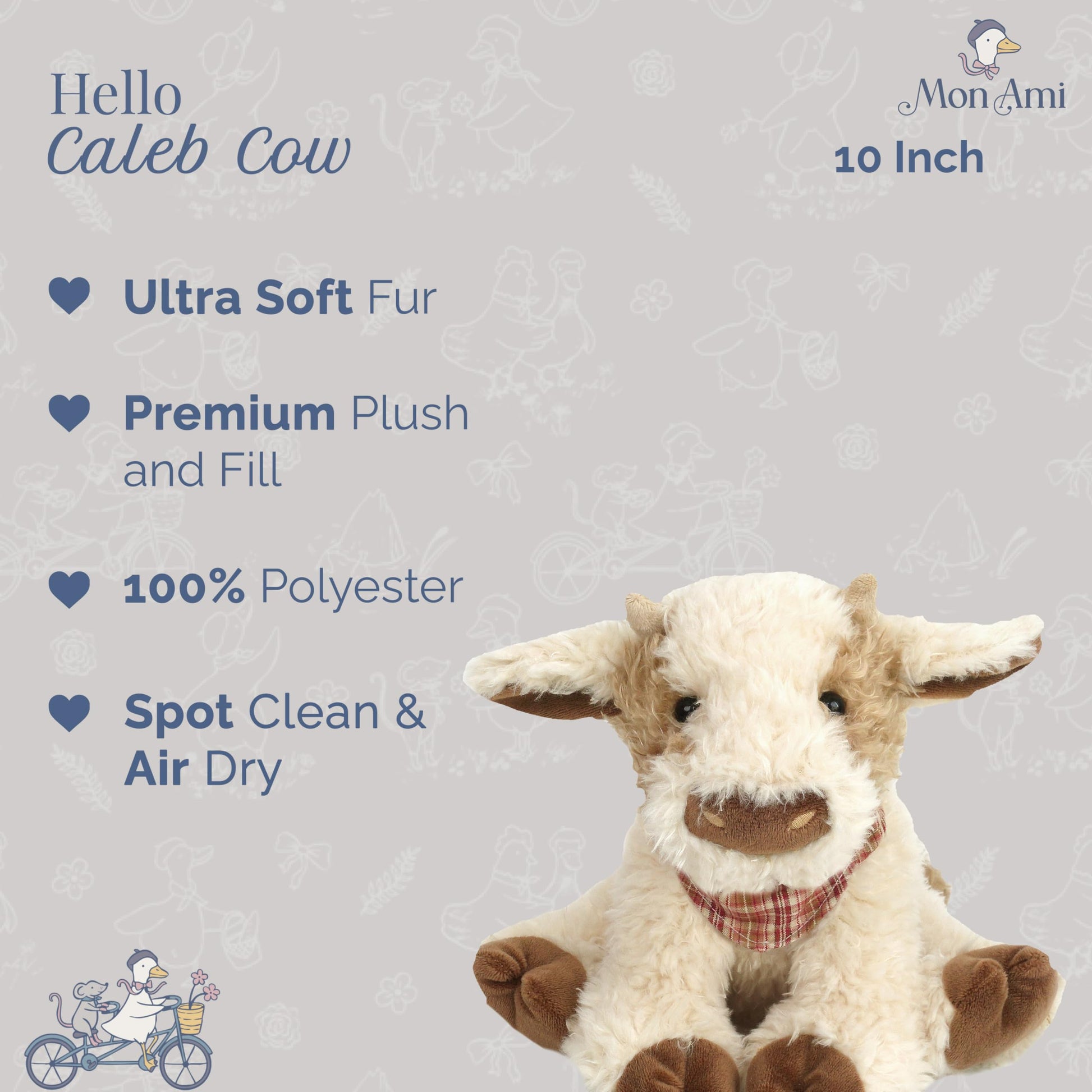 MON AMI Caleb The Cow 10-Inch Stuffed Farm Animal, Soft Cow Plush Toy