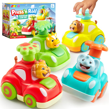 JOYIN Animal Toy Cars, Toddler Toys for Boys Girls, 4 Pack Press and Go Cars Including Elephant, Monkey, Giraffe and Lion, Wind Up Toddler Gift