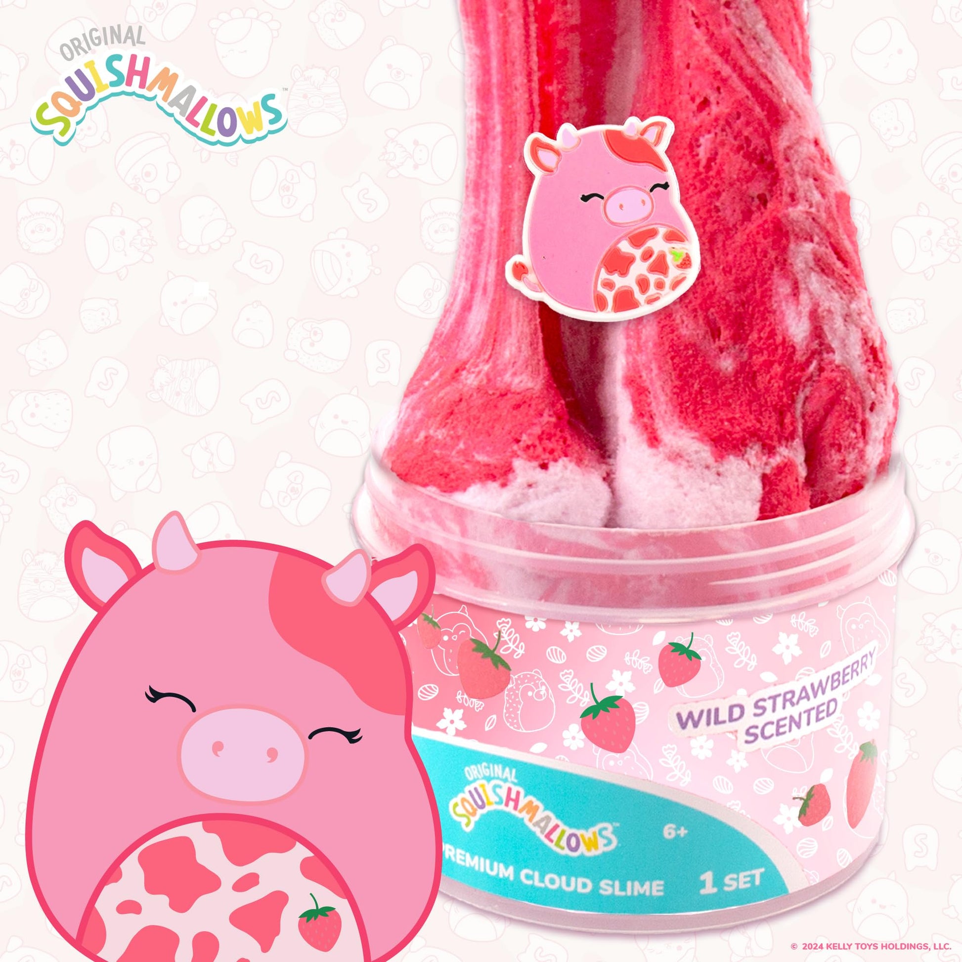 Original Squishmallows Scented Slime Jar, Strawberry, Calynda the Cow