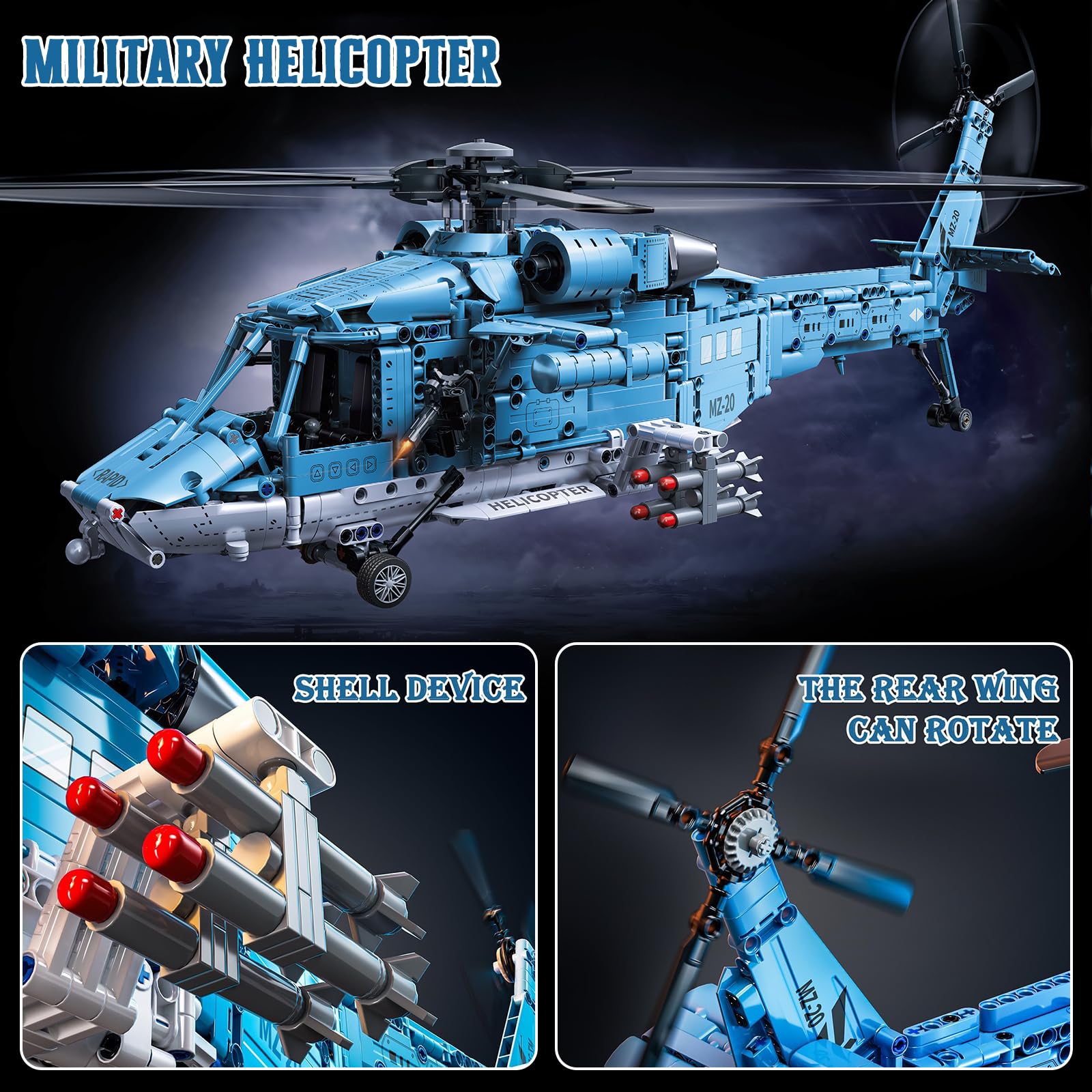 Powered Military Helicopter Building Blocks Set - 1521PCS Army Aircraft Bricks Model with Motor-Driven Rotors, Power Module & Mechanical Gear System