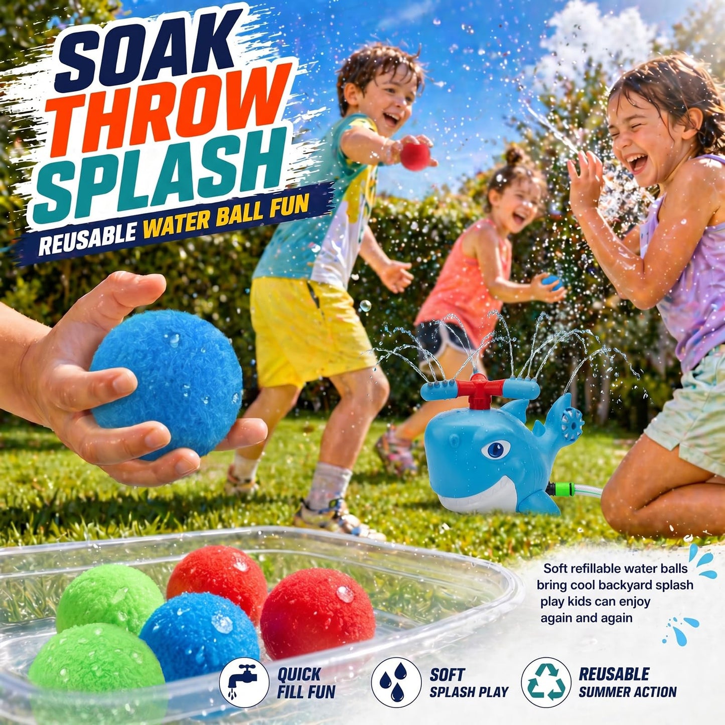Shark Water Sprinkler Toy, 4-in-1 T Ball Splash Game for Kids Ages 3-8