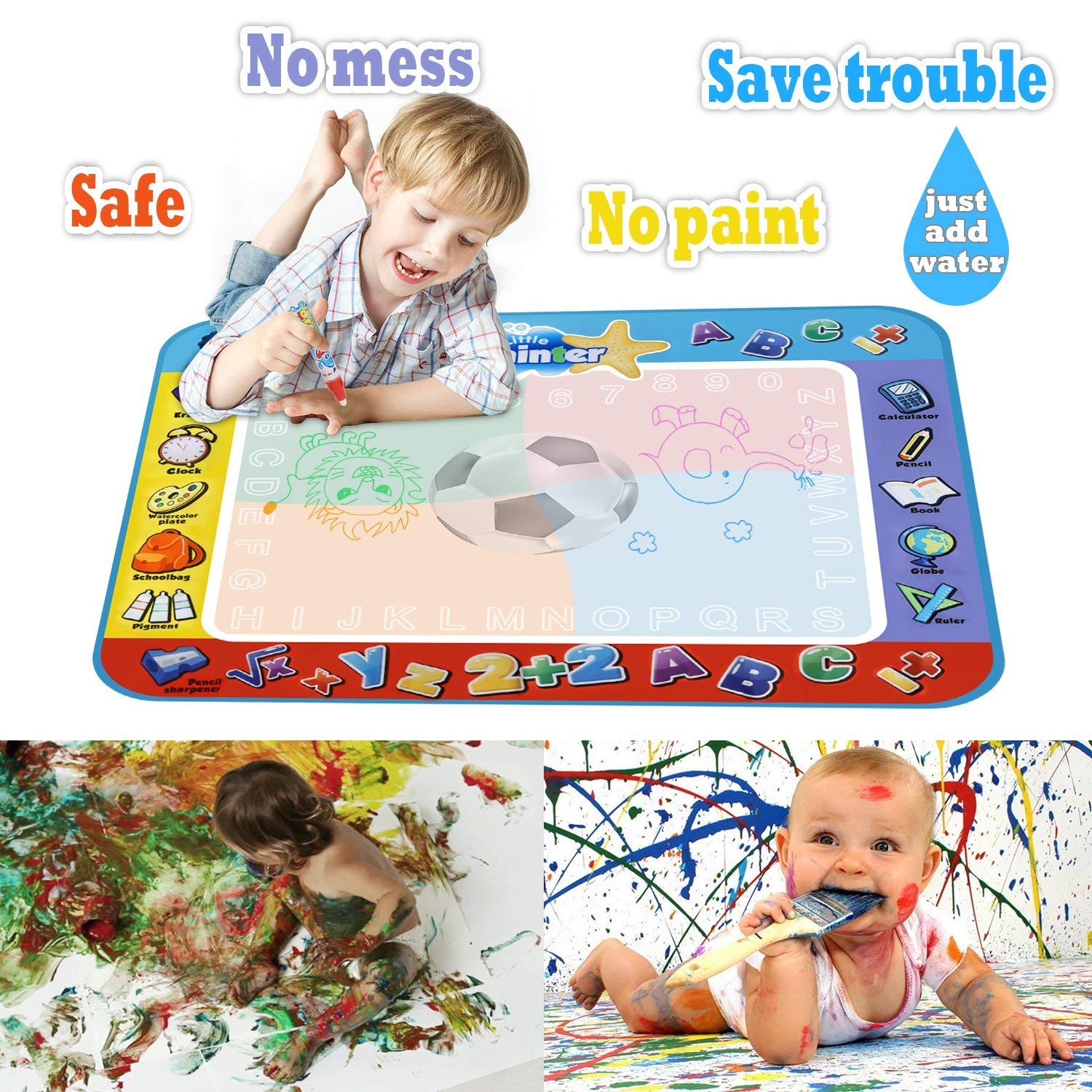 Alago Aqua Coloring Mat,Kids Toys Large Water Painting Mat,Toddlers Doodle Pad with 4 Colors,Gifts for Girls Boys Age 3 4 5+ Years Old,4 Pens,Drawing