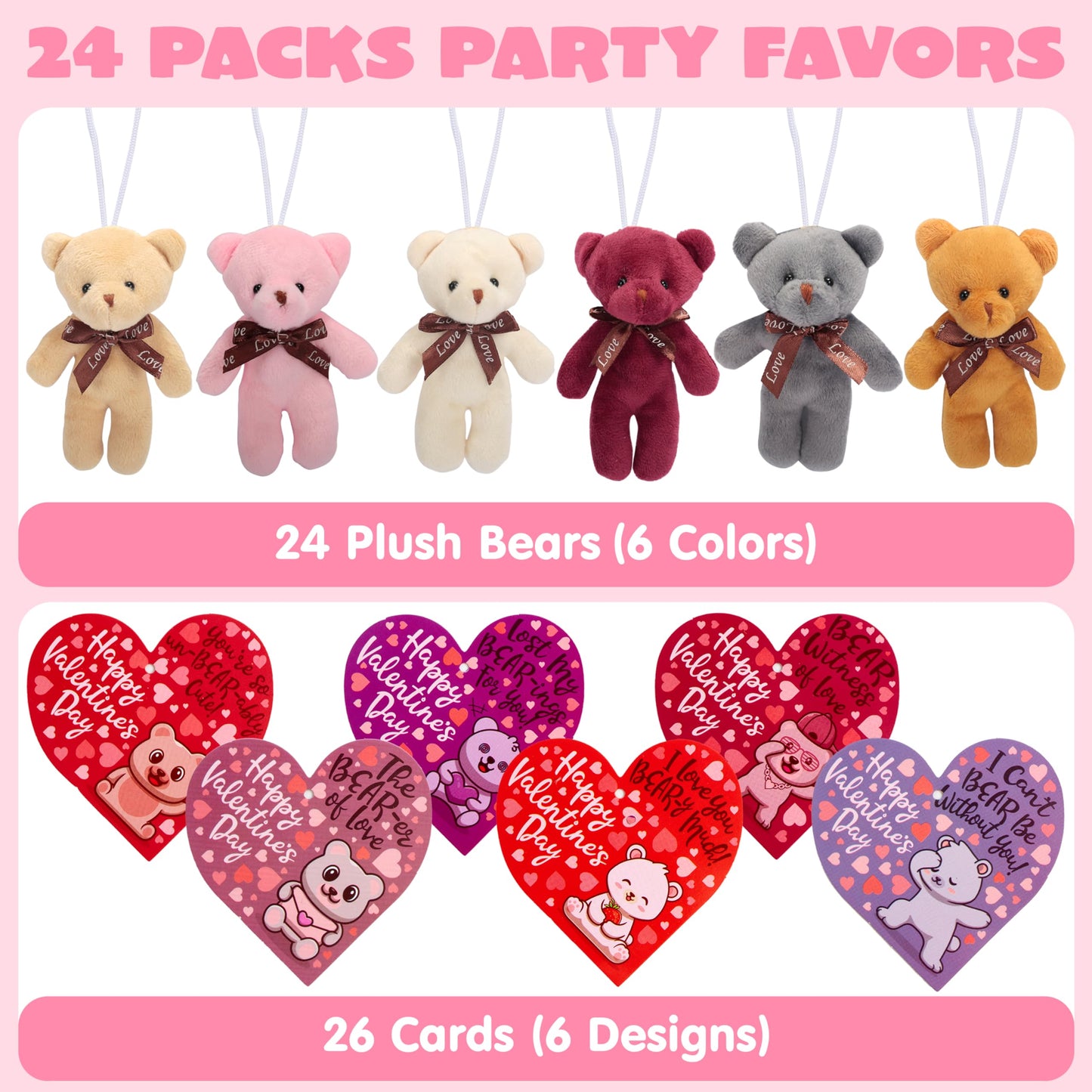 JOYIN 24 Packs Valentine's Day Heart Cards with Plush Toy Party Favors, Mini Stuffed Plush Toys for Valentines Day Gifts, Kids Classroom School