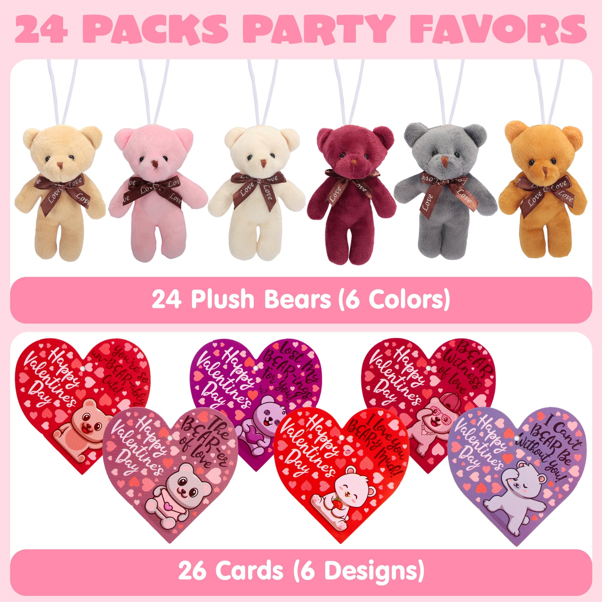 JOYIN 24 Packs Valentine's Day Heart Cards with Plush Toy Party Favors, Mini Stuffed Plush Toys for Valentines Day Gifts, Kids Classroom School