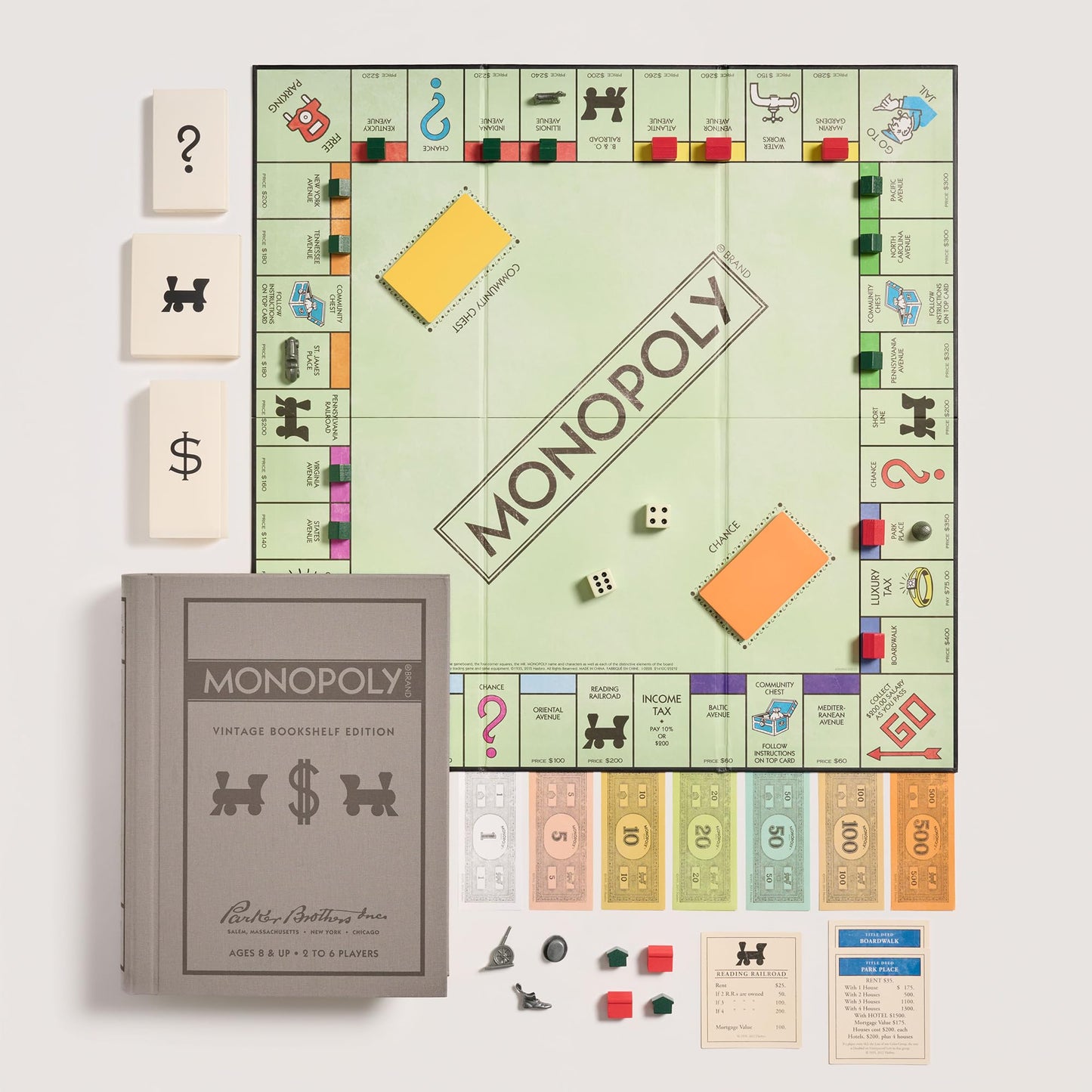 WS Game Company Monopoly Vintage Bookshelf Edition Board Game Premium Fabric-Wrapped Book Storage Box with Retro Graphics, Wooden Houses, Strategy
