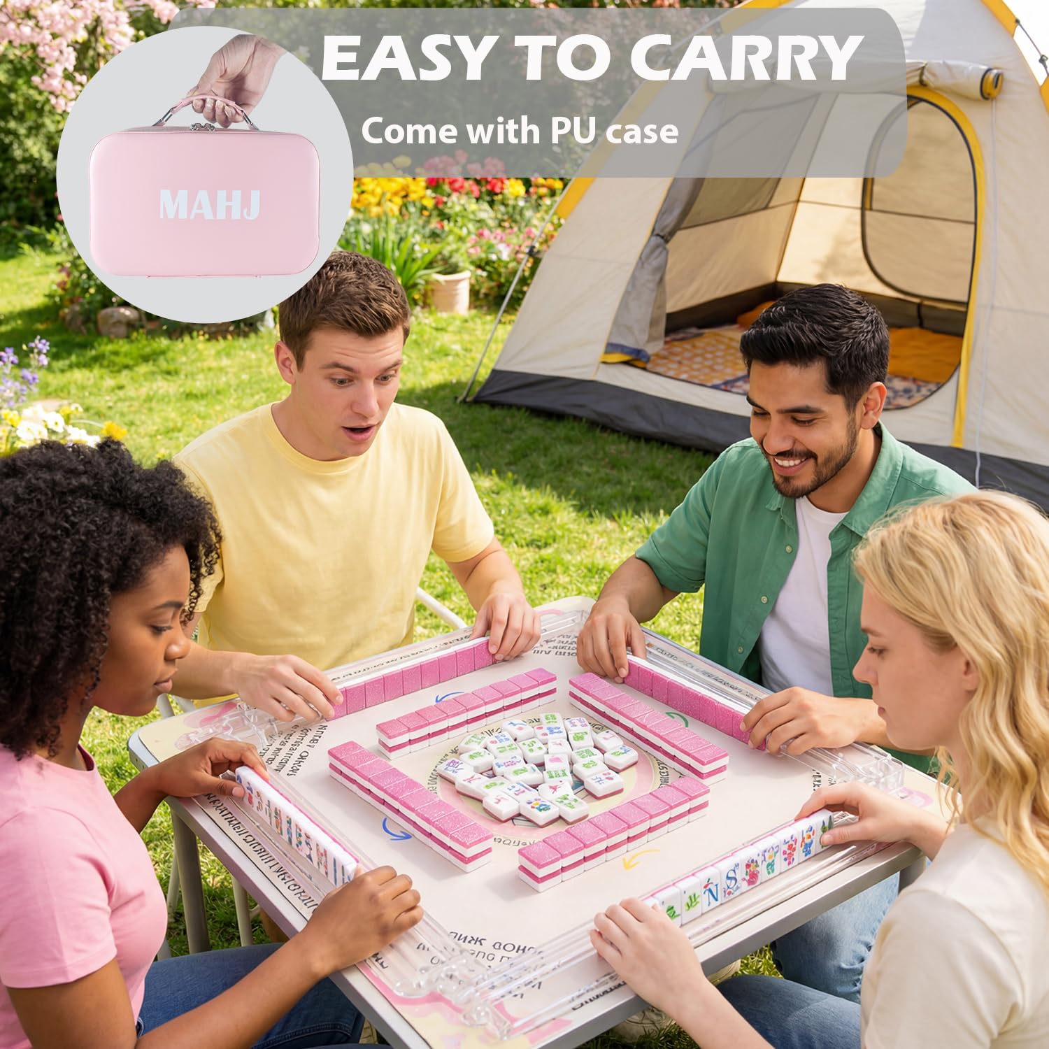 HYZYey Mahjong Tile Set 160 Acrylic Sparkle Pink Blossom American Mah Jongg Game Tiles with 6 Dice PU Bag Accessories Gifts for Majong Players