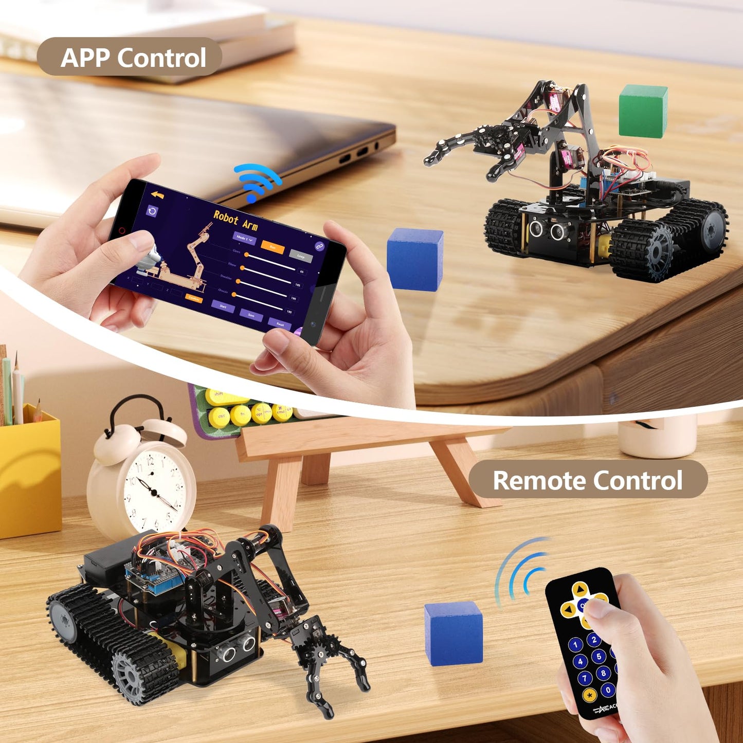 Robotics for Kids Ages 12-16, ACEBOTT 4 in 1 Smart Robot Arm with 5DOF + Tank Car, STEM Toys Coding Kit Compatible with Arduino & Scratch, App