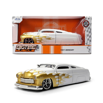 Jada Toys Bigtime Muscle 1:24 1951 Mercury Die-cast Car - Opening Doors, Hood, Trunk, Rubber Tires(White/Gold Flames)