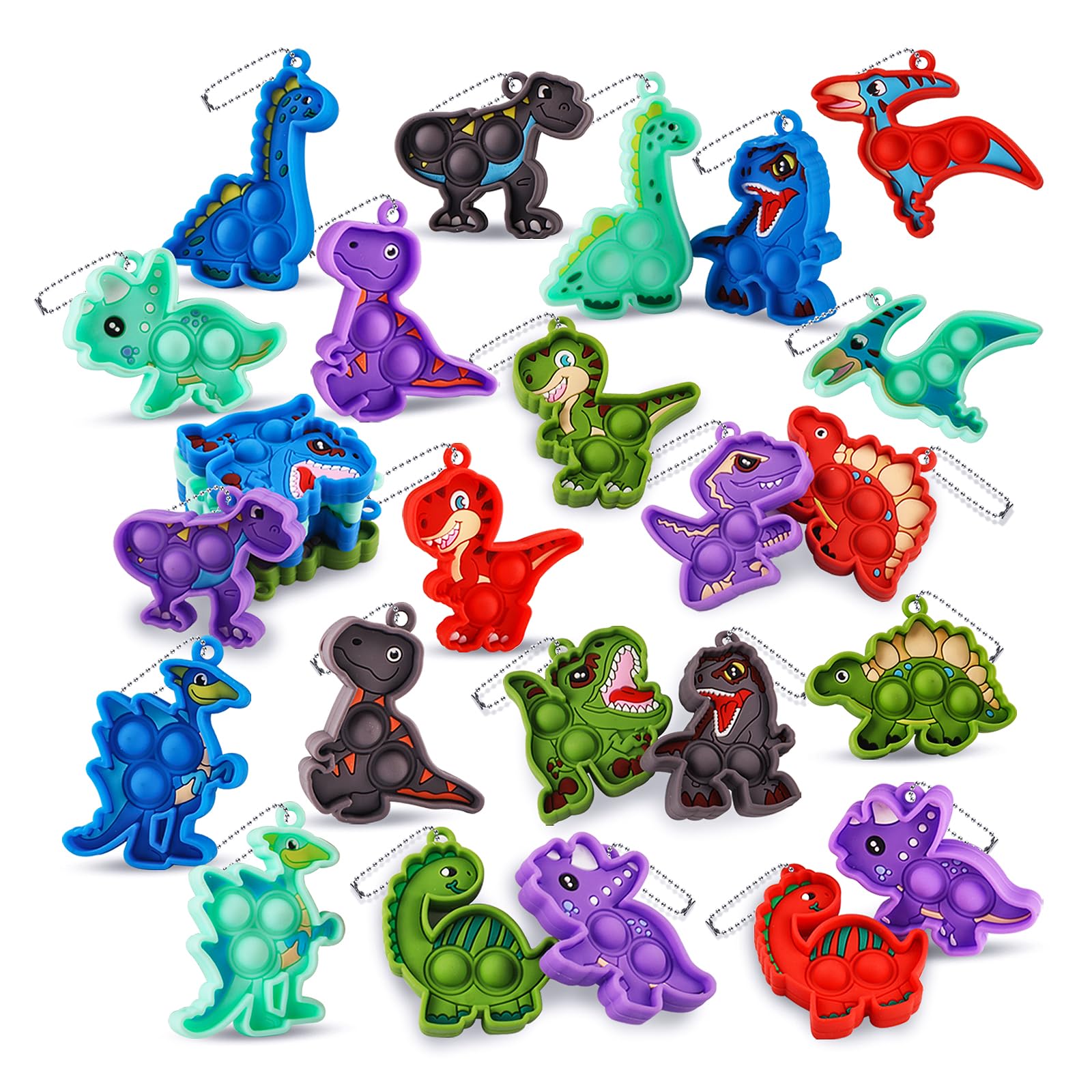 Kiss Monkey 24 Pack Dinosaur Party Favors for Kids, 12 Styles Dinosaur Silicone Fidget Keychains Bulk, Pop Sensory Fidget Toys, Birthday Goodie Bag