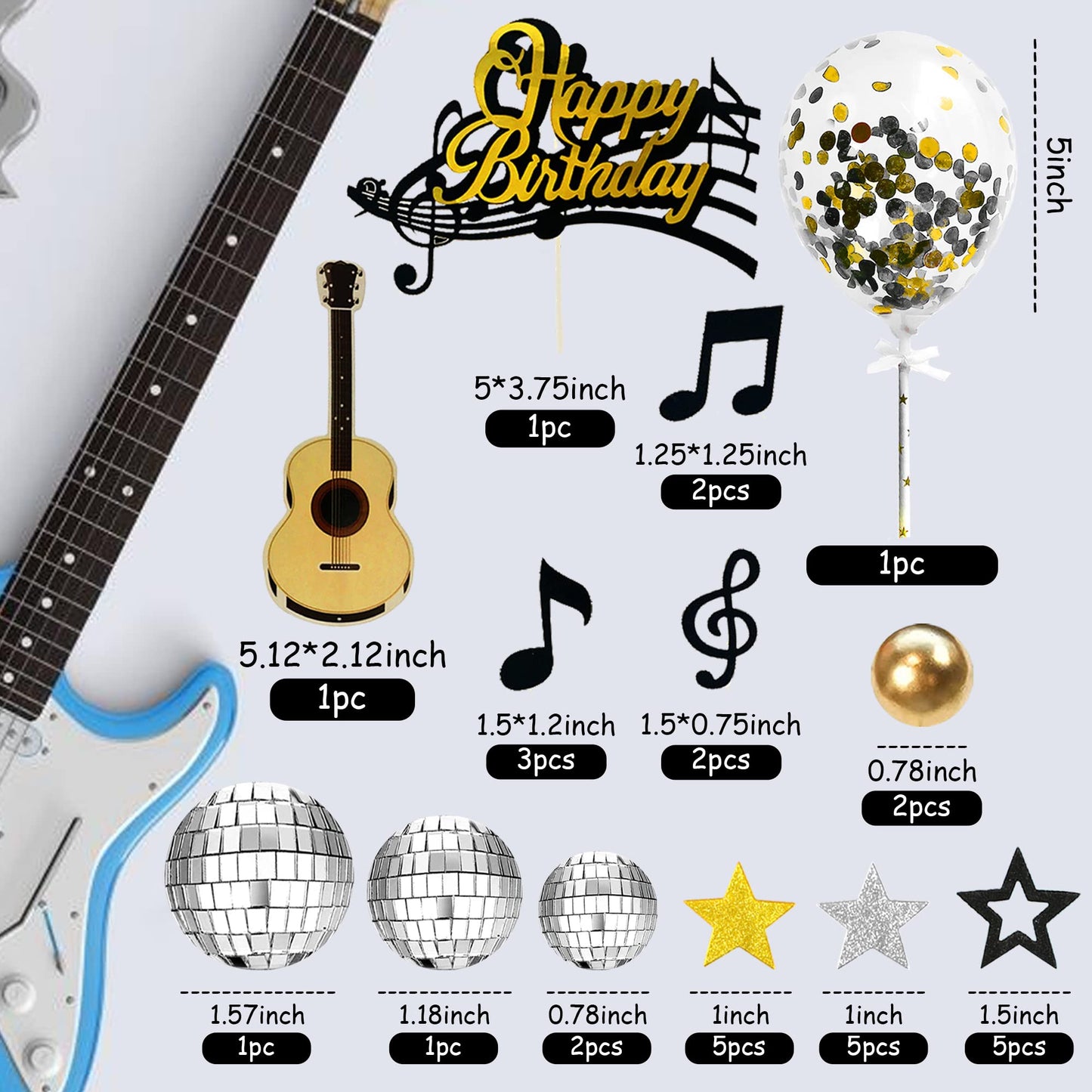 31 PCS Guitar Cake Toppers Music Notes Balls Cake Decorations for Musician Rock Theme Birthday Supplies (Black)