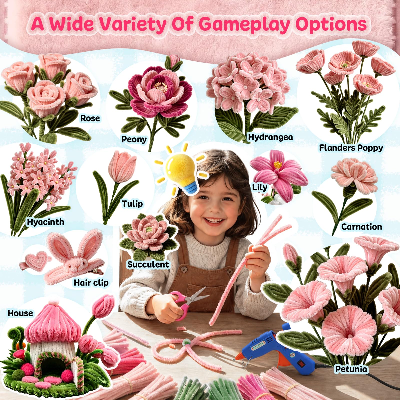 apinud Pipe Cleaners Flowers with Glue Gun, 500PCS Pipe Cleaners Craft Kits, Chenille Stems Bulk for Flower Making, DIY Gifts Arts Supplies