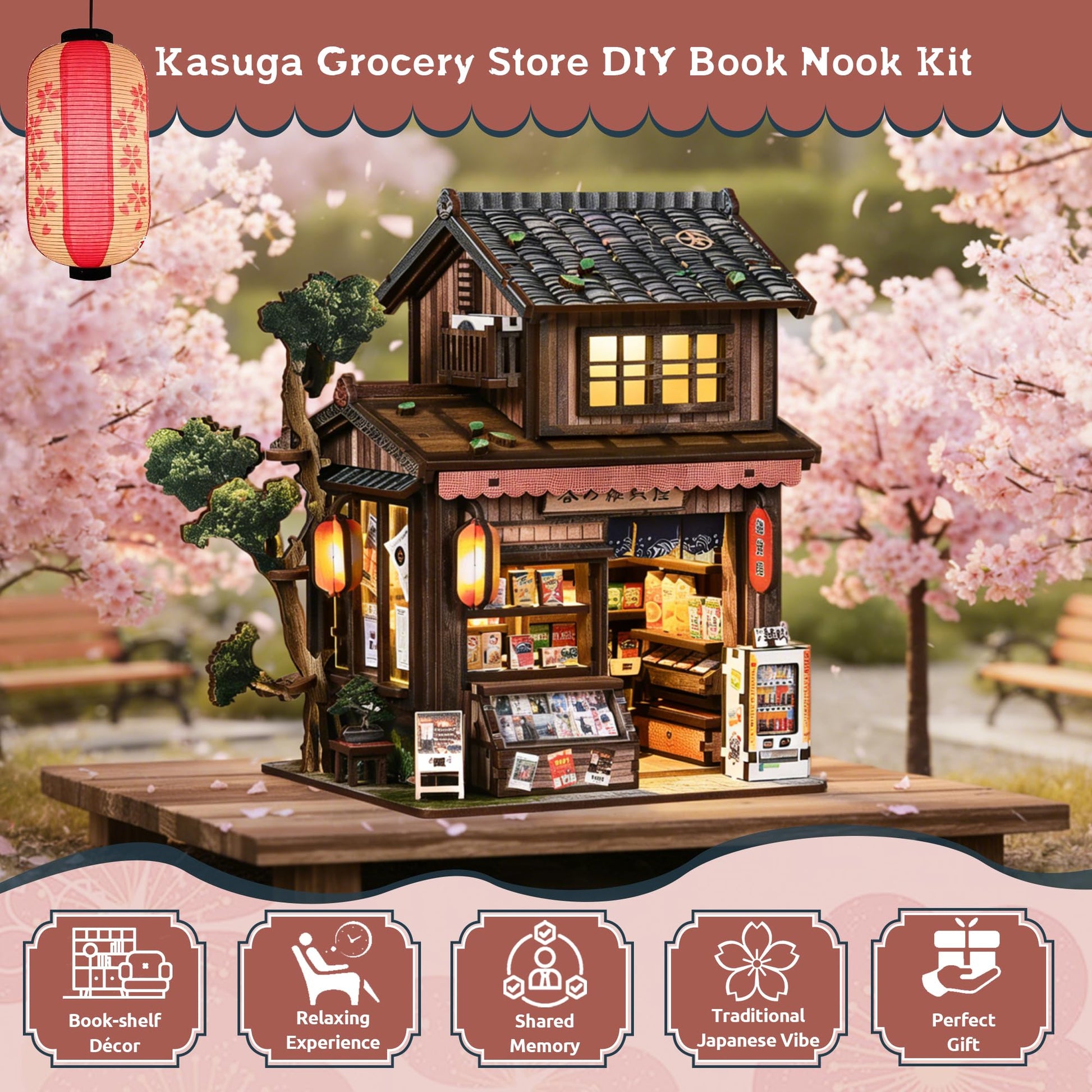 DIY Book Nook, Miniature House Kit with LED Lights (Kasuga Grocery Store)