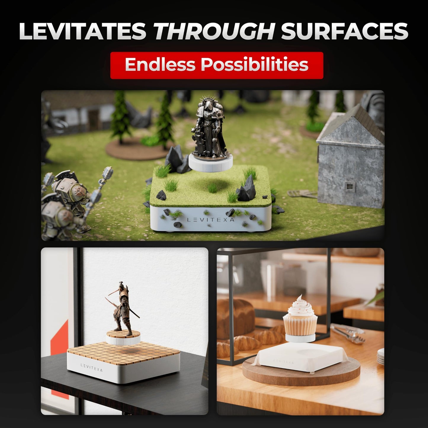 Levitexa Nimbus Levitating Display - Floating Display, Levitating Stand, Magnetic Stand, Magnetic Levitation for Figures and Toys White Square Base
