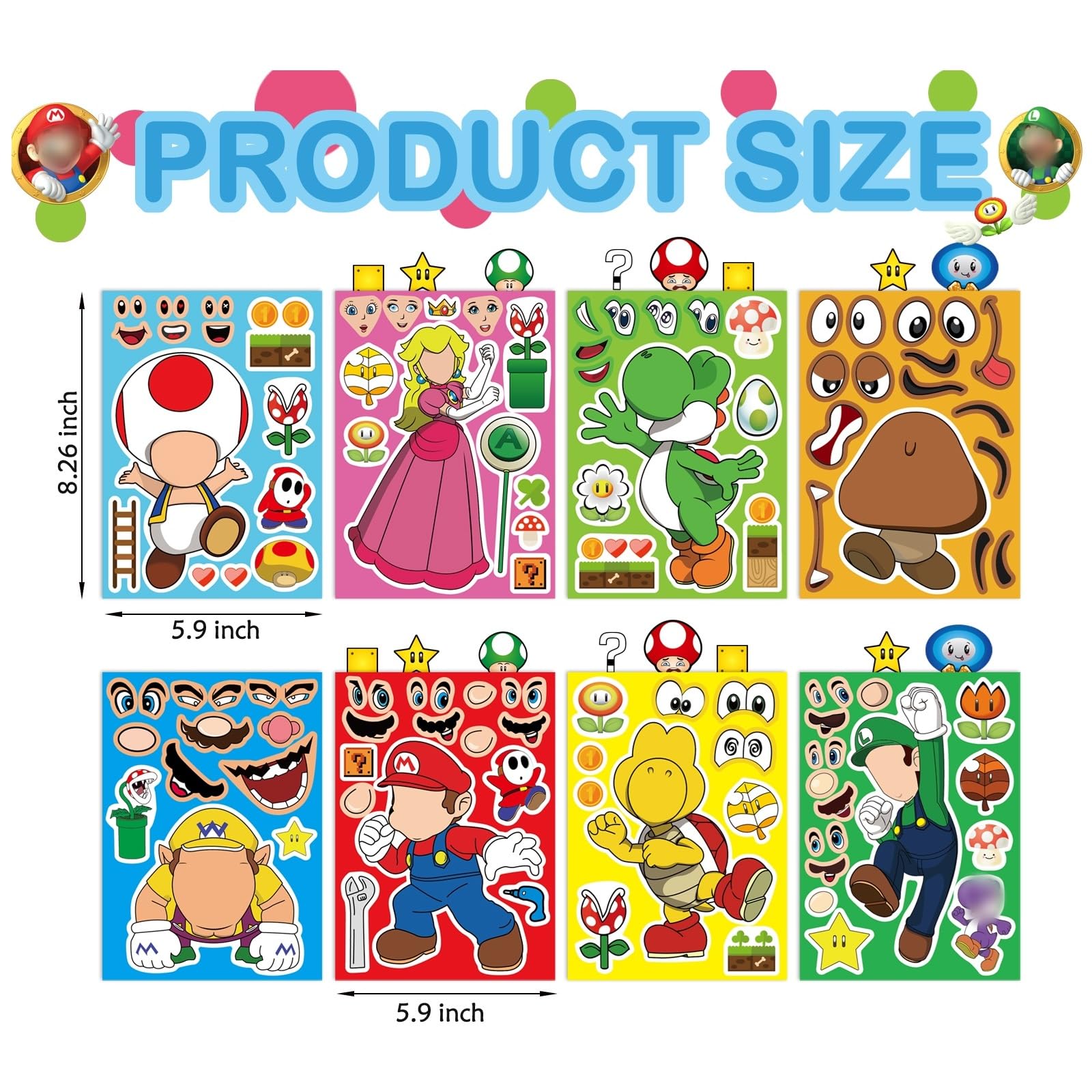 EHQEHQ 40 Pieces Make-a-face Stickers Pack, Super Bros Make Your Own Stickers, Mixed & Matched with 8 Designed Characters(5 of Each) for Party