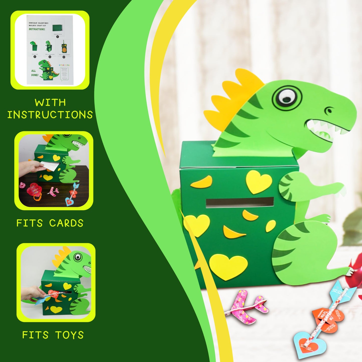 4E's Novelty DIY Dinosaur Valentines Card Box Craft Kit - Makes 1 Valentines Day Crafts for Kids, Valentine Mailbox for Classroom Exchange Party