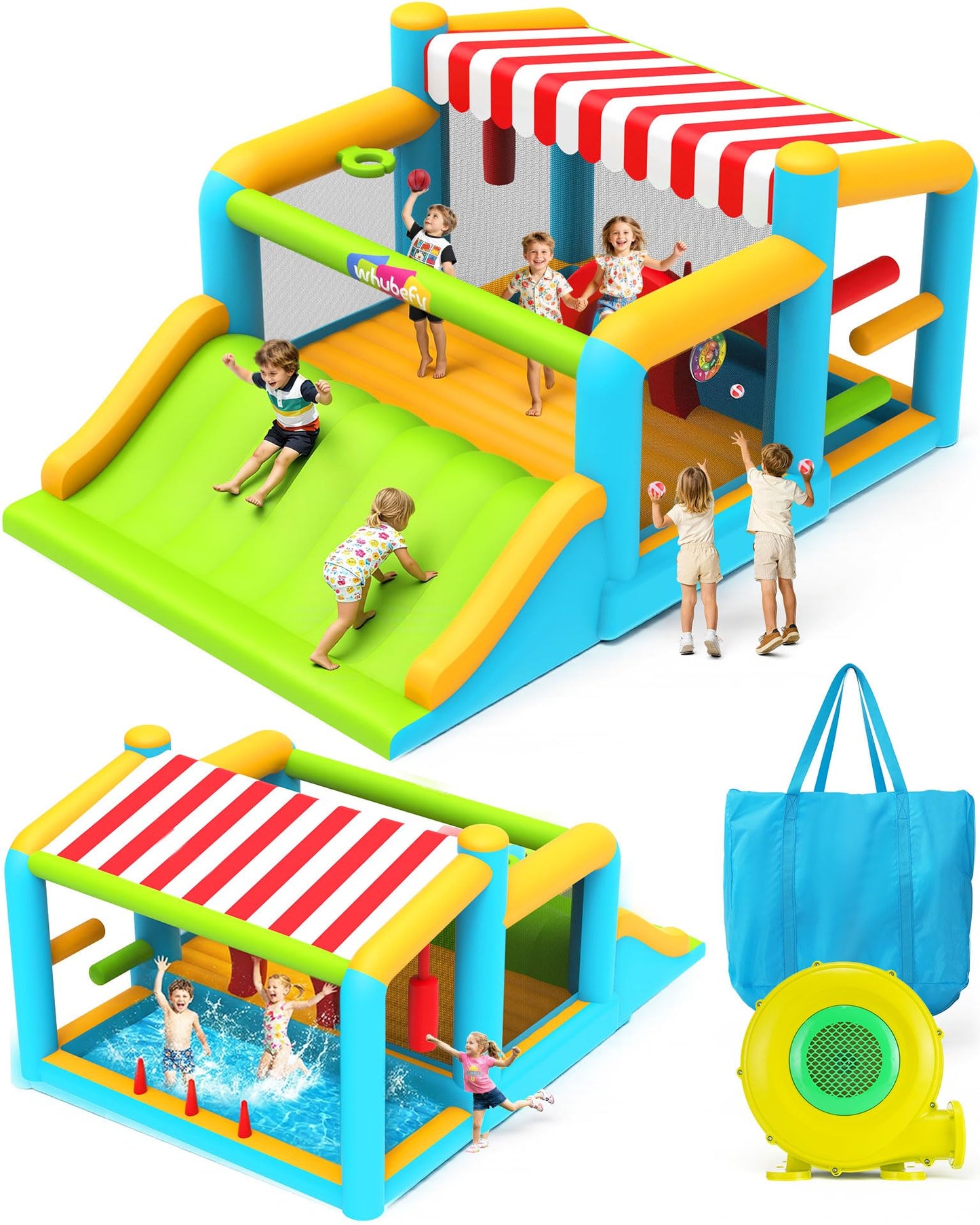 Whubefy 16 x 11.5 FT Inflatable Bounce House for Multiple Big Kids 3-12 with Elevated Giant Slide, Convertible Ball Pit/Water Pool with Shade Canopy
