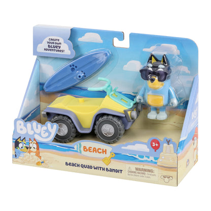 Bluey Bandit Surf Beach Toy Set, Exclusive 3" Poseable Bandit Figure Beach Toy Kit with Sunglasses, Quad Bike & Surfboard Accessories