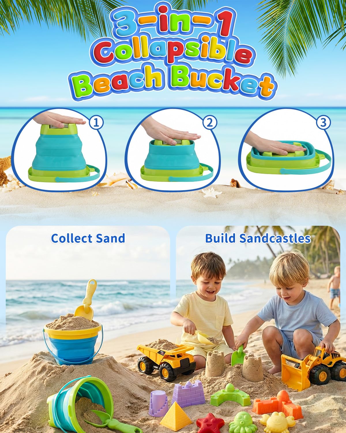 KONYXALU 30PCS Beach Toys for Kids 3-10 | 2 Collapsible Buckets & Mesh Bag