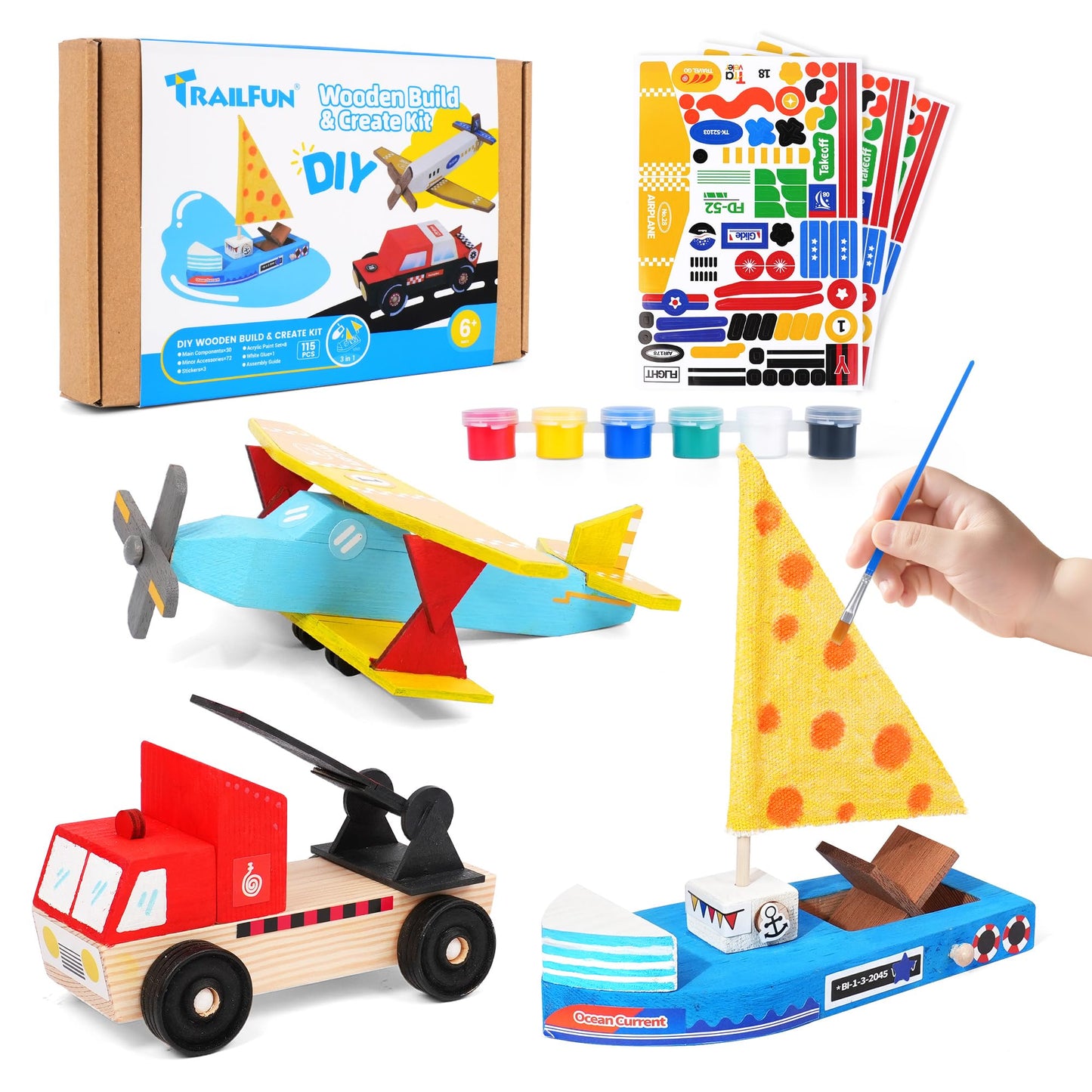 Wooden Build Paint Art Crafts Kit 3 Pack, Make Your Own Car Boat & Plane DIY Craft Toys for Kids Boys, STEM Educational Toy Set for Kids Ages 4-8