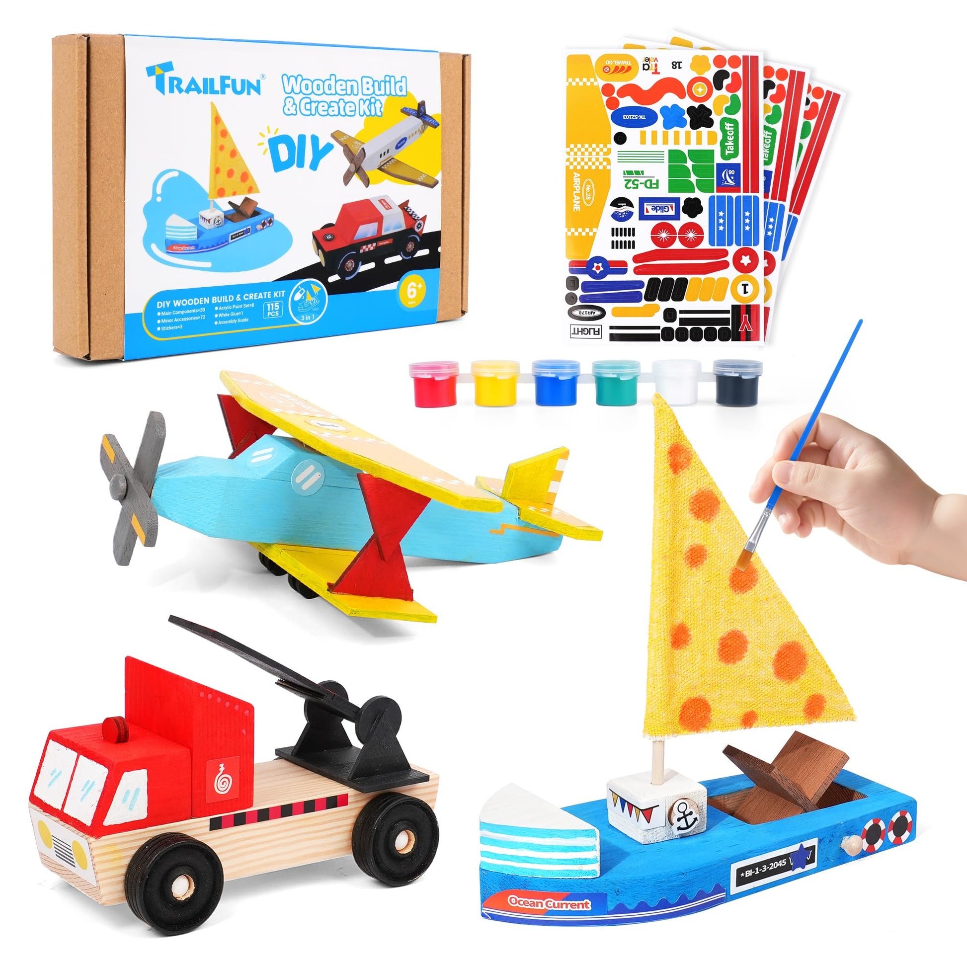 Wooden Build Paint Art Crafts Kit 3 Pack, Make Your Own Car Boat & Plane DIY Craft Toys for Kids Boys, STEM Educational Toy Set for Kids Ages 4-8
