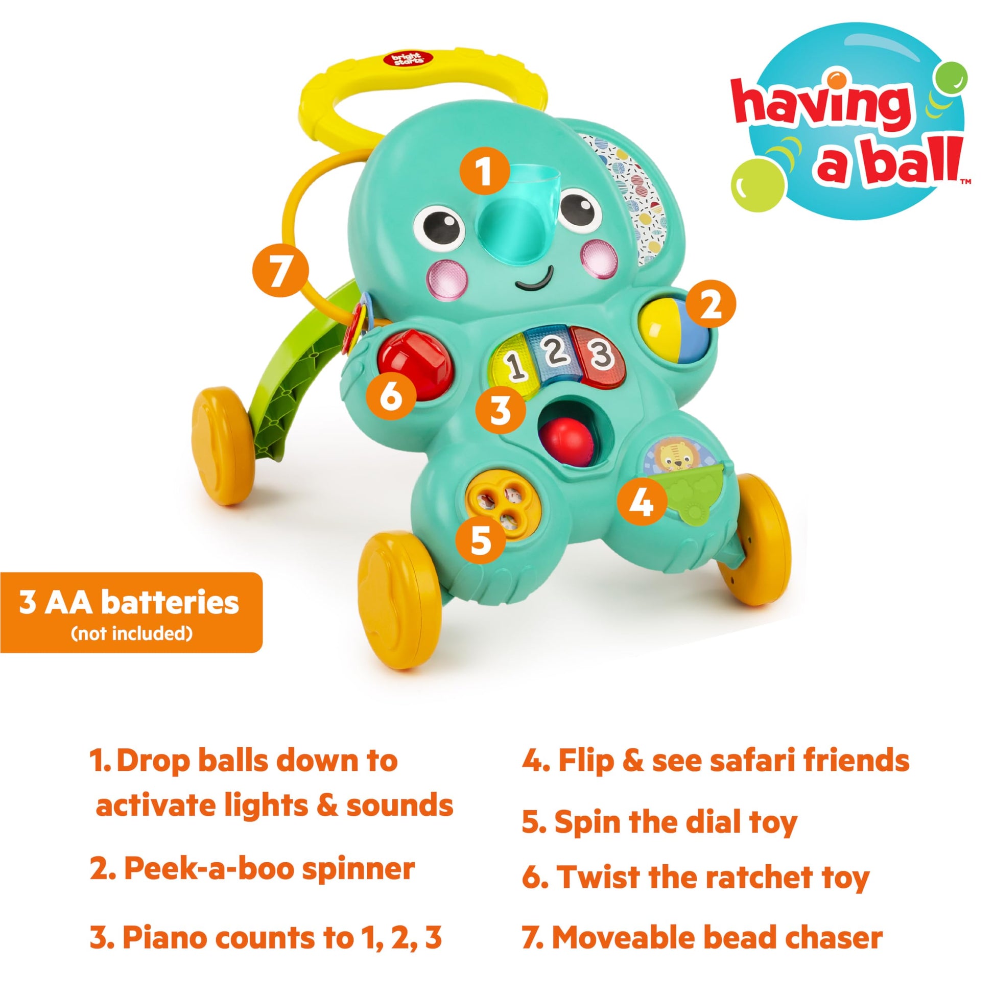 Bright Starts Stroll 'n Roll 2-in-1-Ball Push Walker - Includes 3 Toy Balls, Elephant with 70+ Songs & Sounds, 7 Activities - Ball Drop, Piano