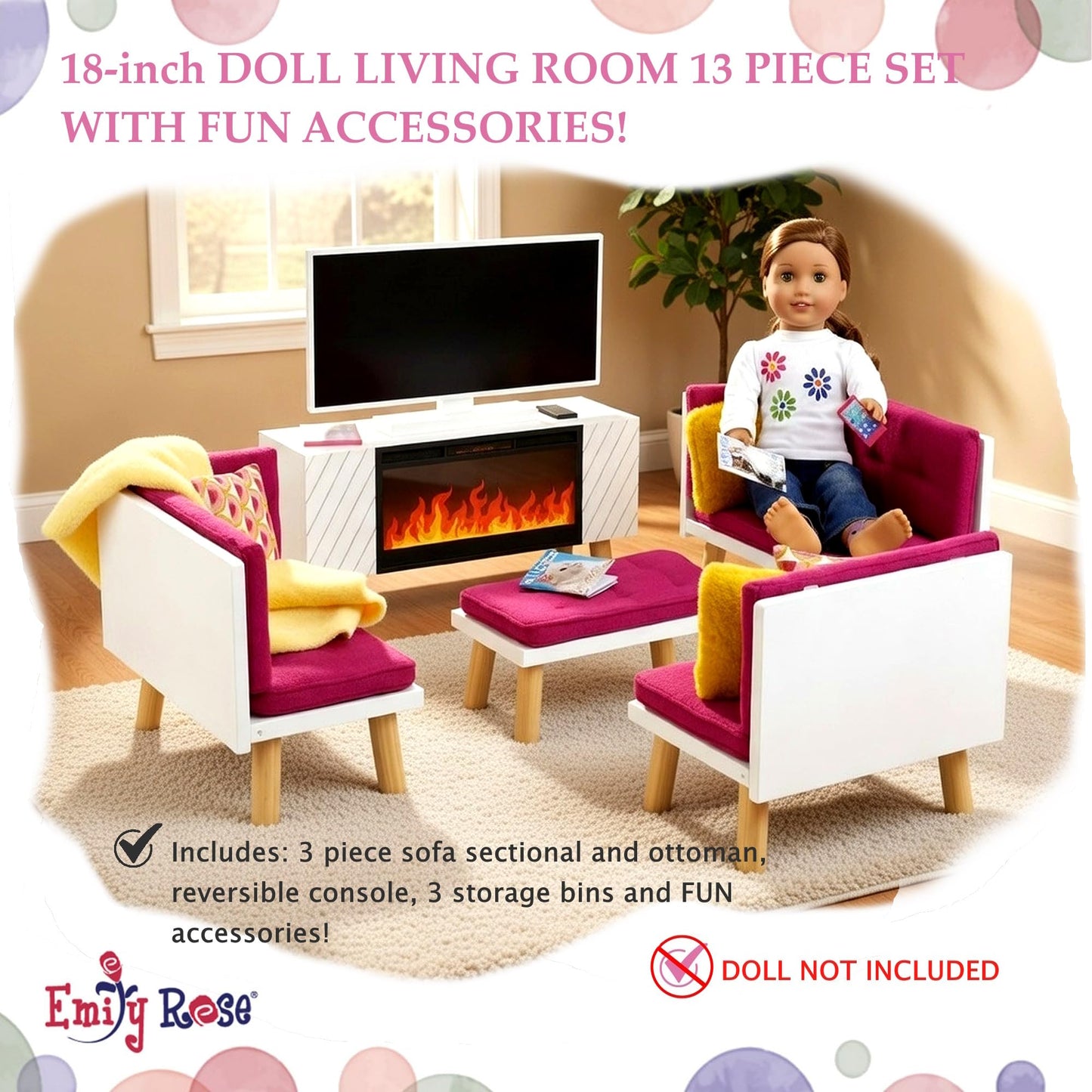 Emily Rose 18 Inch Doll Living Room Furniture Set - 19 Piece Wooden Convertible Sectional Sofa Daybed with TV, Fireplace, No-Slip Cushions &