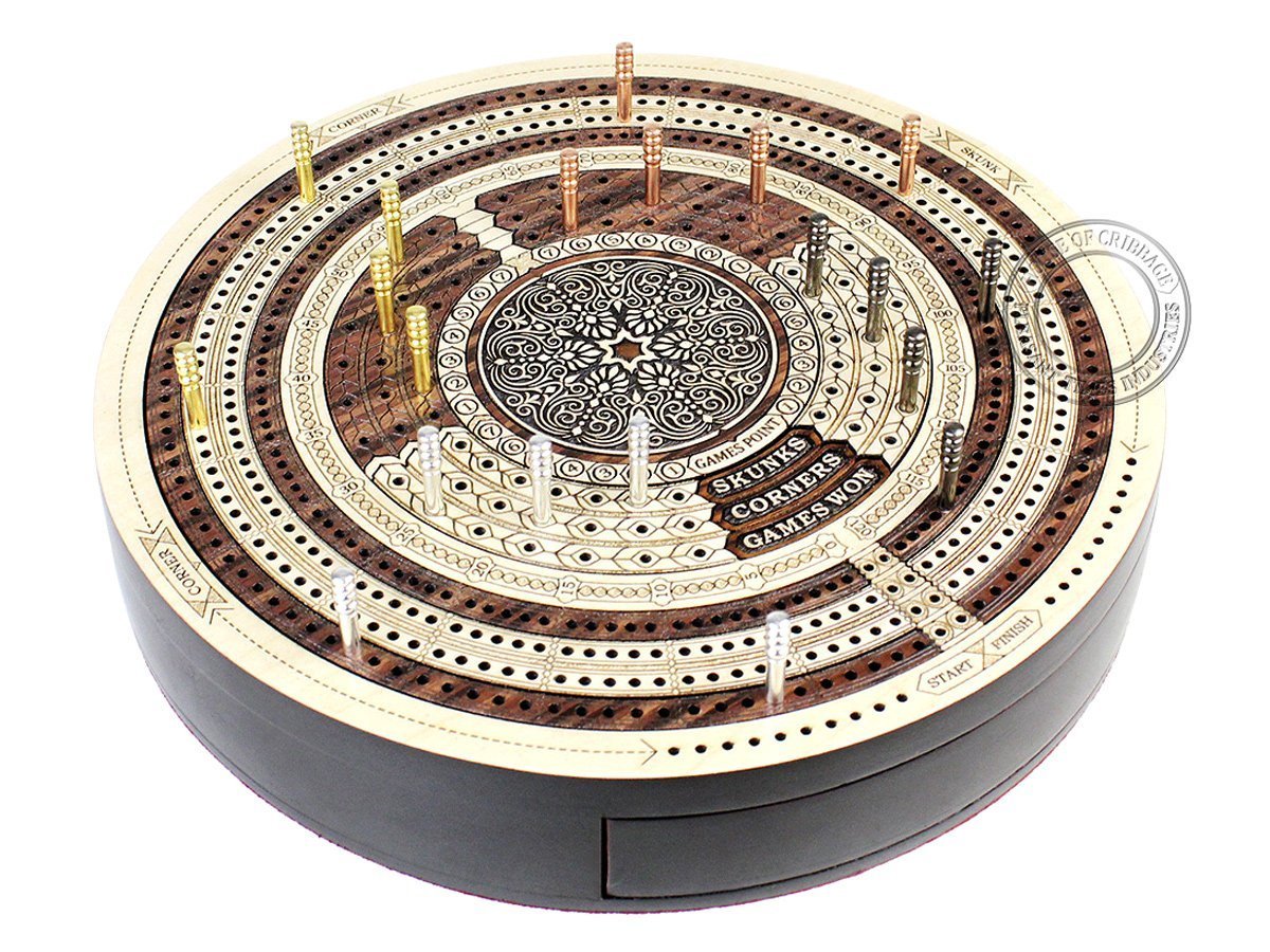 House of Cribbage - 10" Round Shape 4 Tracks Continuous Cribbage Board Rosewood/Maple - Push Drawer with Score Marking Fields for Skunks, Corners