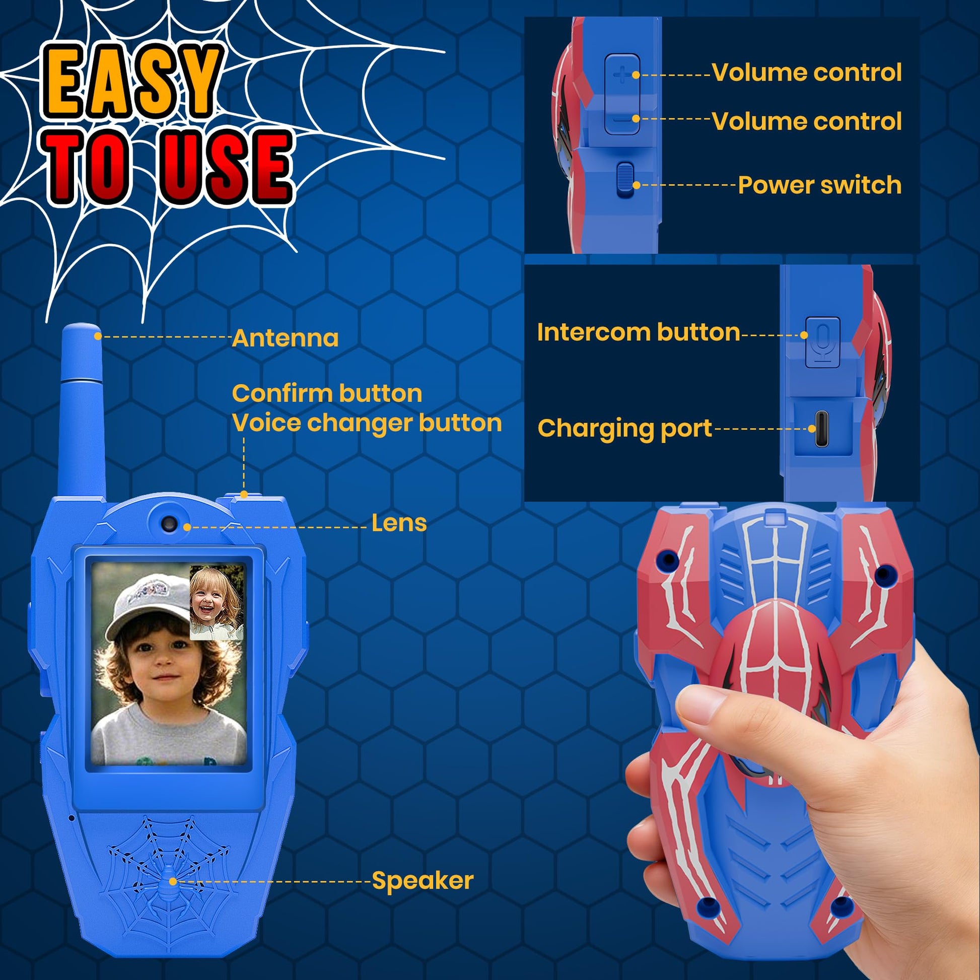 FUTESI Video Walkie Talkies for Kids 2 Pack, Rechargeable Kids Walkie Talkies Ages 3-8 with HD Camera, Long Range Outdoor Toys for Boys Girls, Spider