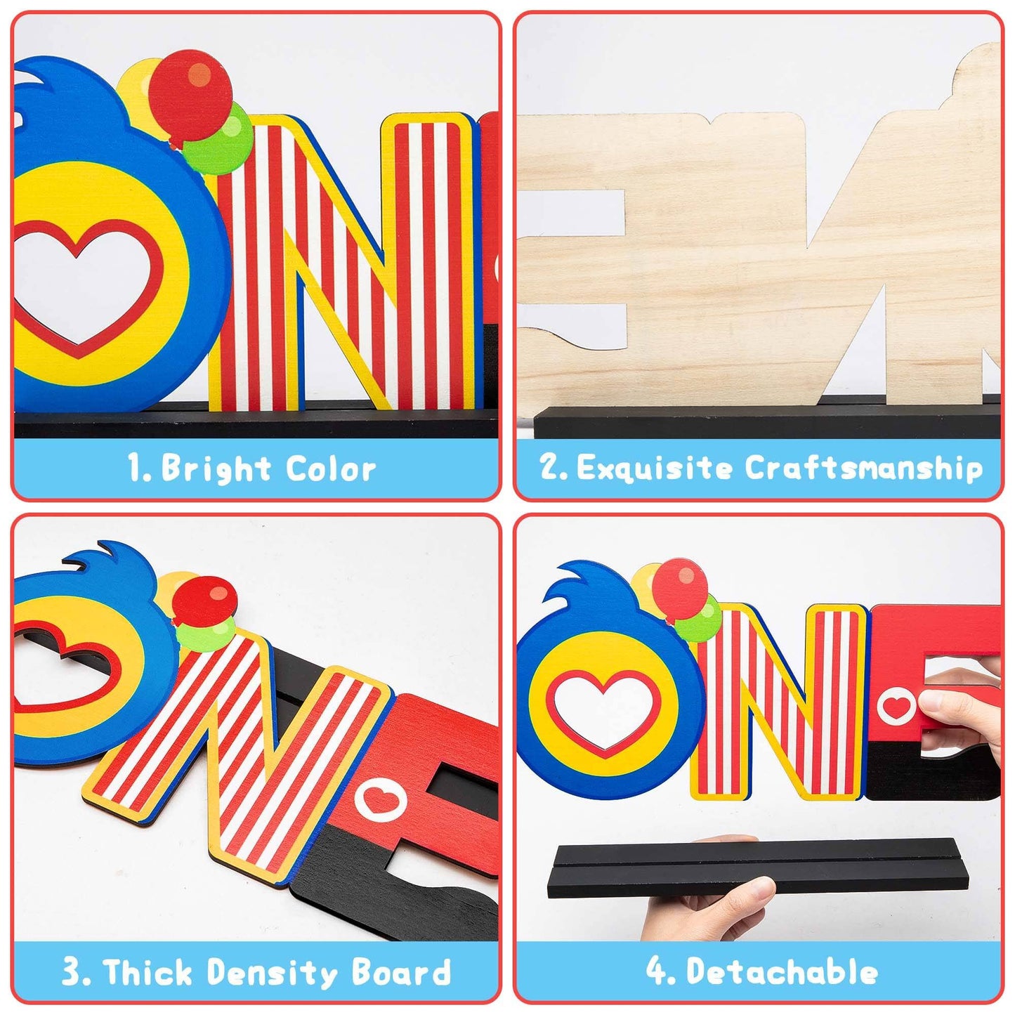 C1krint Plim Plim ONE Letter Sign Wood Table Centerpiece - 1Pcs Circus Clown Plim Plim Theme First Birthday Party Decoration Supply for One Year Old