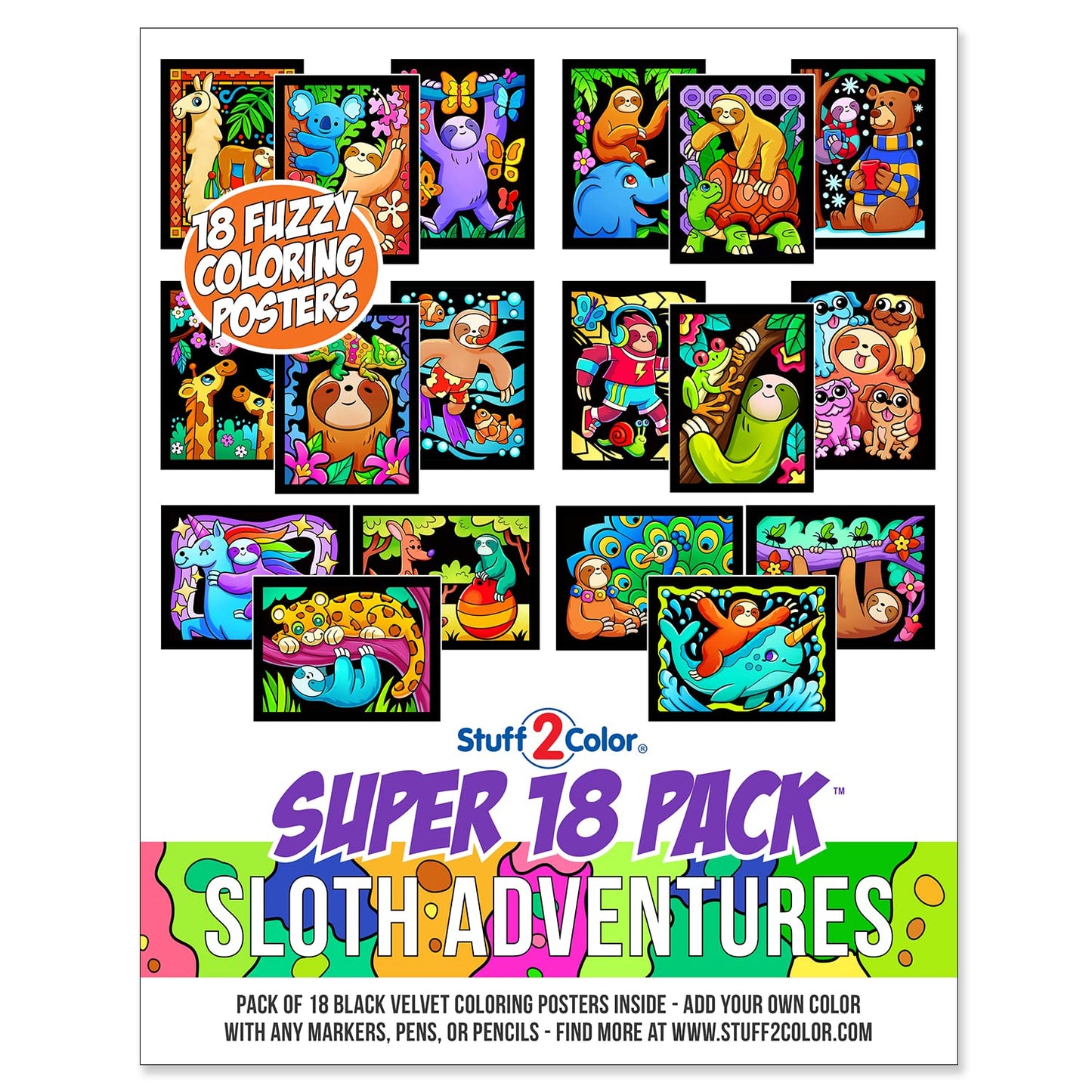 Stuff2Color Super Pack of 18 Fuzzy Velvet Coloring Posters (Sloth Adventures) - Arts & Crafts for Girls and Boys - Great for After School, Travel