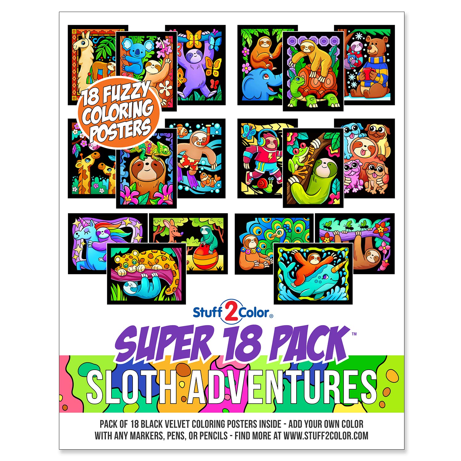 Stuff2Color Super Pack of 18 Fuzzy Velvet Coloring Posters (Sloth Adventures) - Arts & Crafts for Girls and Boys - Great for After School, Travel