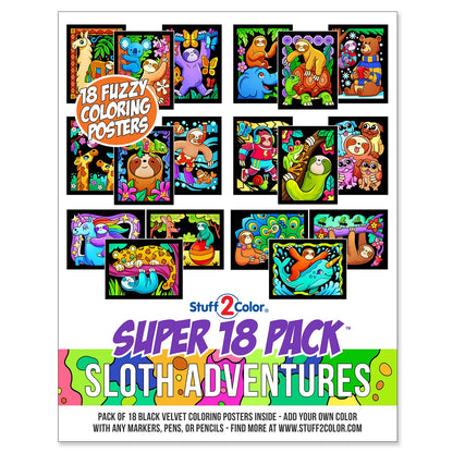 Stuff2Color Super Pack of 18 Fuzzy Velvet Coloring Posters (Sloth Adventures) - Arts & Crafts for Girls and Boys - Great for After School, Travel