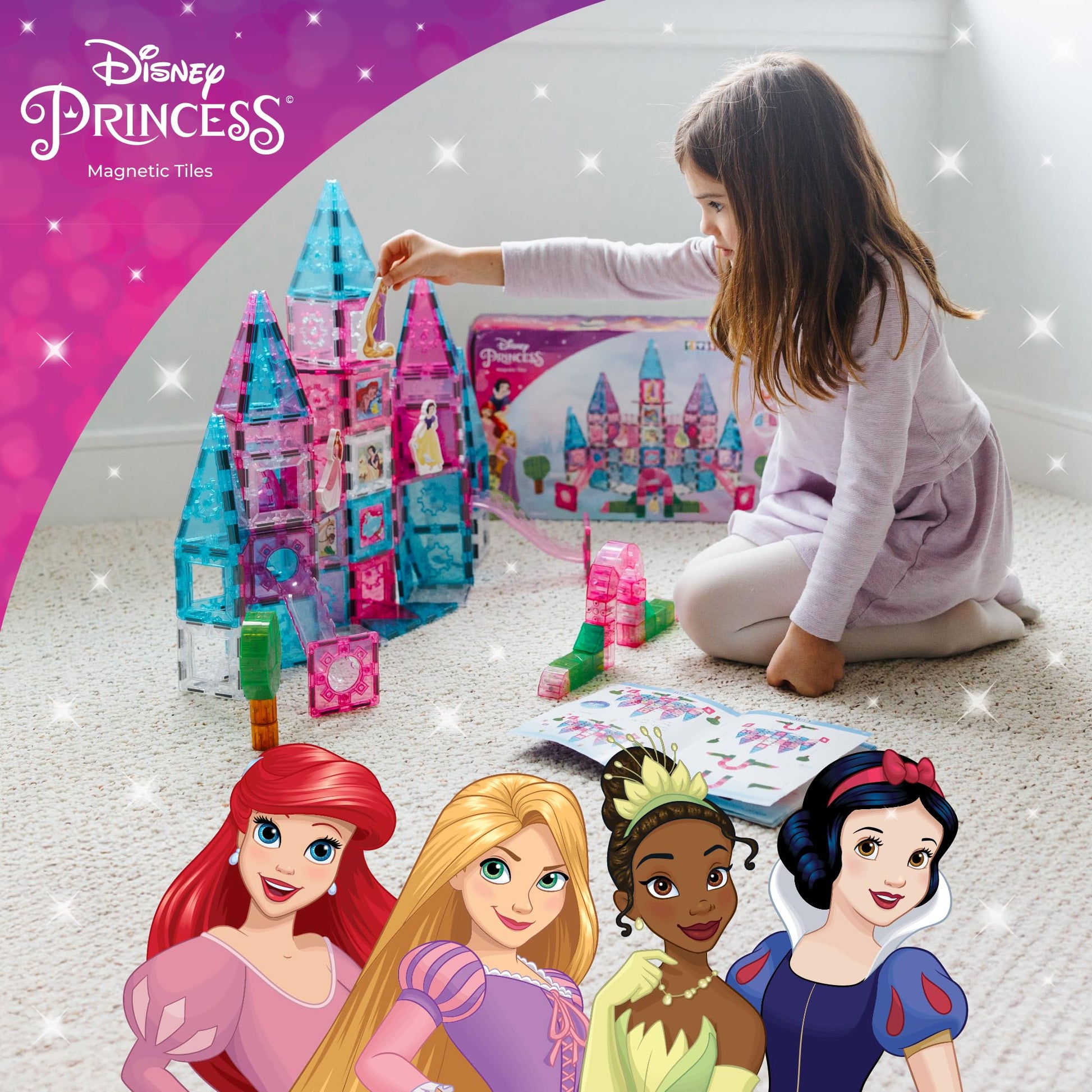 Disney Princess Toys Magnetic Tiles Castle Set - 172-Piece STEM Building Toy with Ariel, Moana, Snow White, Tiana & Rapunzel Characters, Marble Run