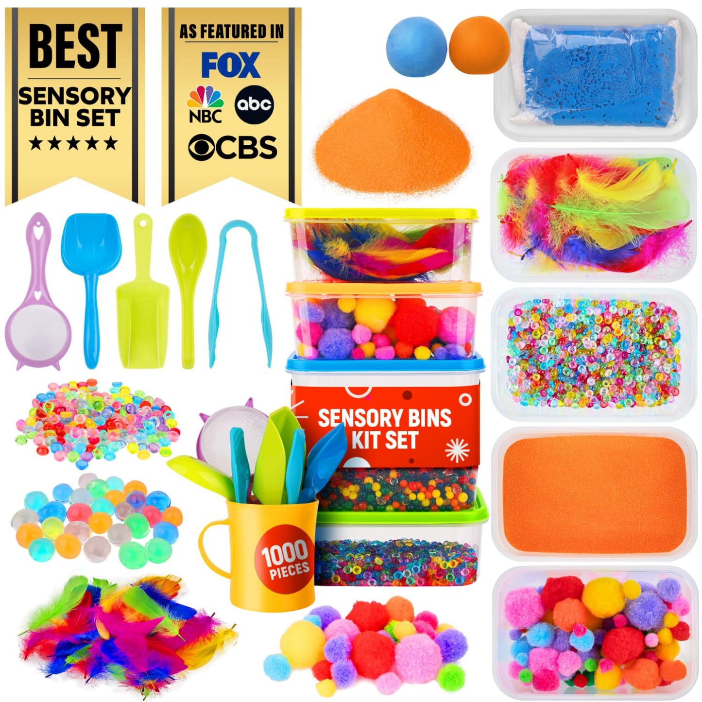 LOLO TOYS Sensory Kit for Toddlers and Kids - Includes 6 Bins with Lids, Play Tools, Sand, Feathers, Clay, Color Beads and Pom Poms Kids Box Fillers