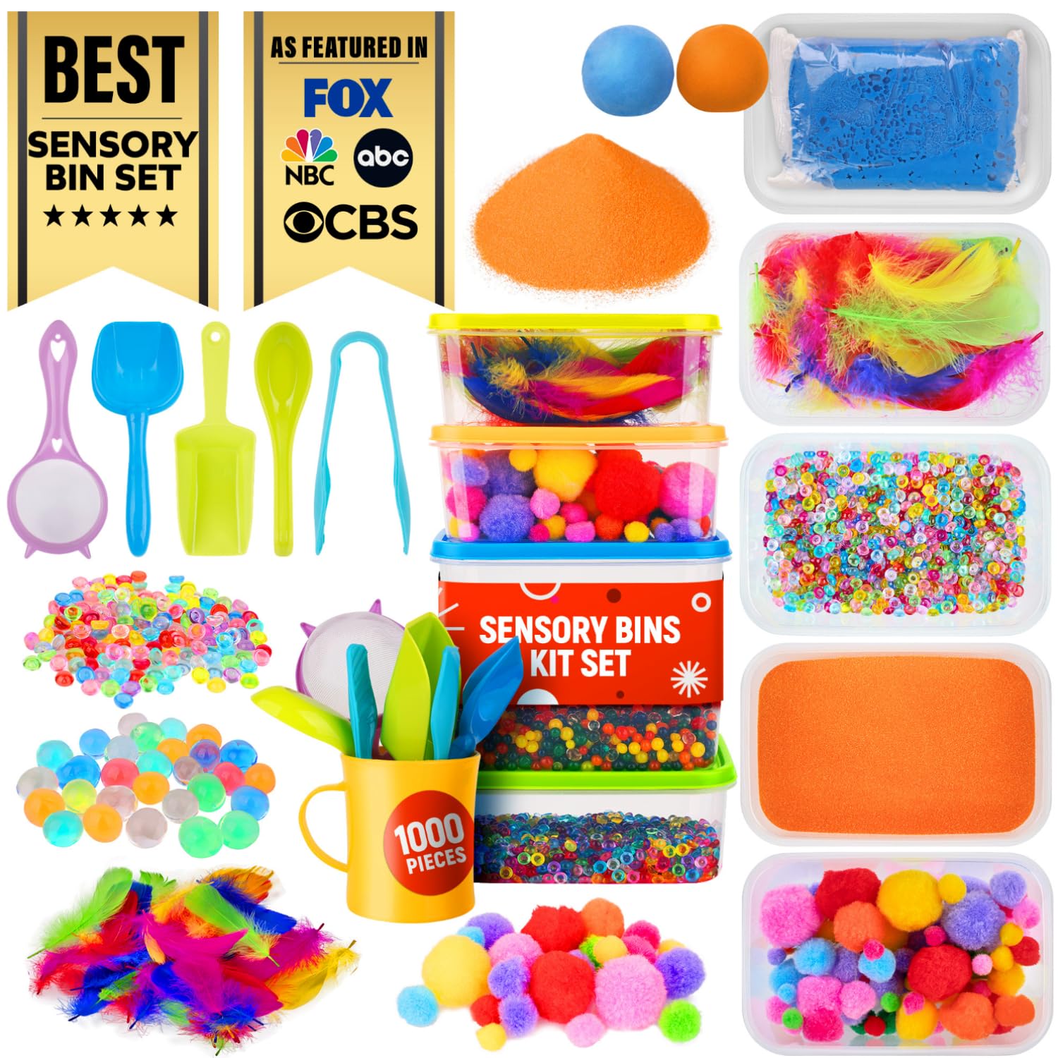 LOLO TOYS Sensory Kit for Toddlers and Kids - Includes 6 Bins with Lids, Play Tools, Sand, Feathers, Clay, Color Beads and Pom Poms Kids Box Fillers