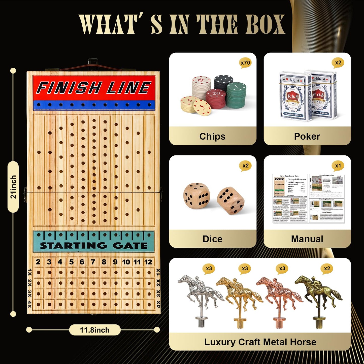 21 Inches Horse Racing Game, Horse Race Board Games with 11 Luxury Metal Horses,Thickened Wood Chessboard,Chips,Cards and Dice, Classic Wooden Table