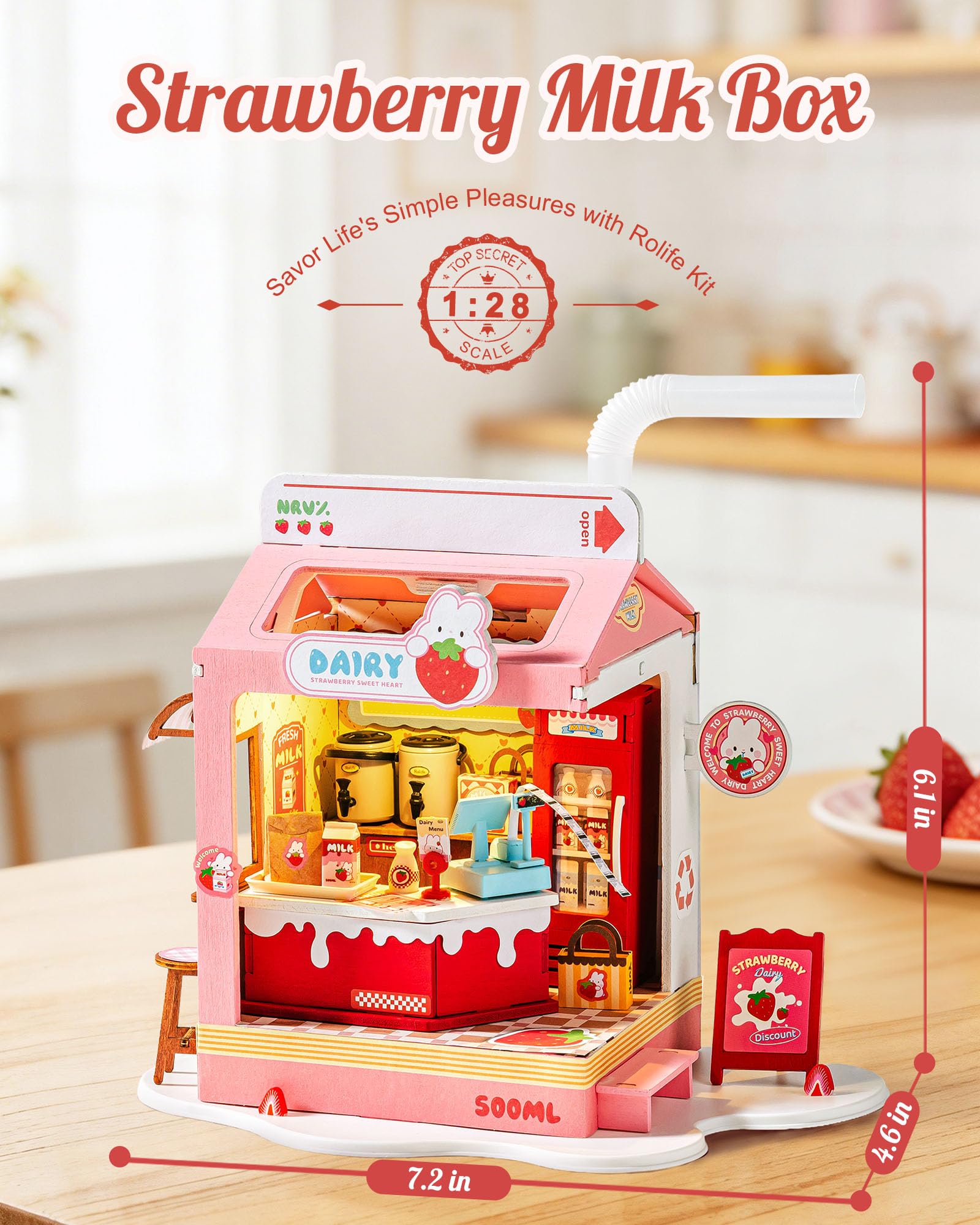 Robotime DIY Miniature House Kit, 1:28 Scale Tea Shop Scale Diorama Dollhouse with LED Lights, 3D Wooden Puzzle for Adults, Creative Crafts & Unique