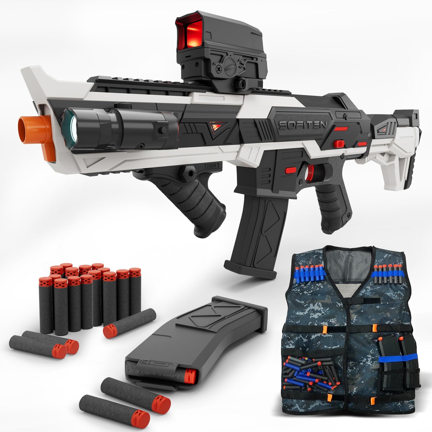 SOFITEN Electric Automatic Toy Gun Rifle Foam Dart Sniper Blaster with Adjustable Scope, Tactical Vest, Two Shooting Modes, Birthday Christmas