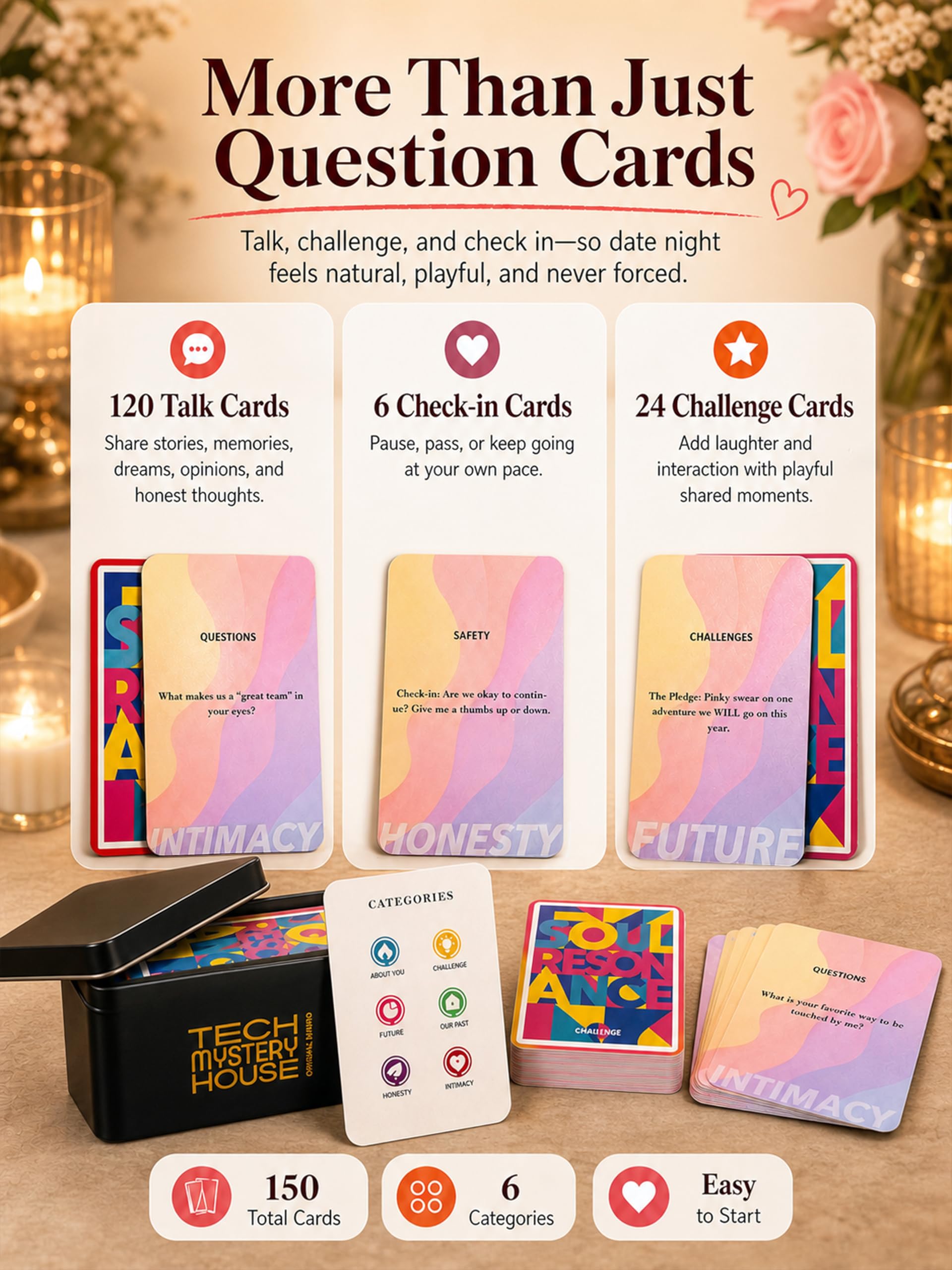 Couples Games for Adults, 150 Conversation Cards for Couples with Challenges and Check-ins, Date Night Relationship Questions Card Game, Romantic Gift