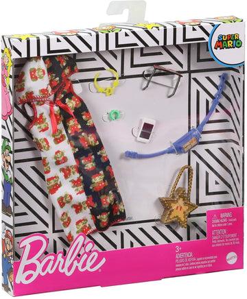 Barbie Fashion Pack of Doll Clothes Inspired by Super Mario, Collectible Set Includes Hoodie Dress & 6 Accessories